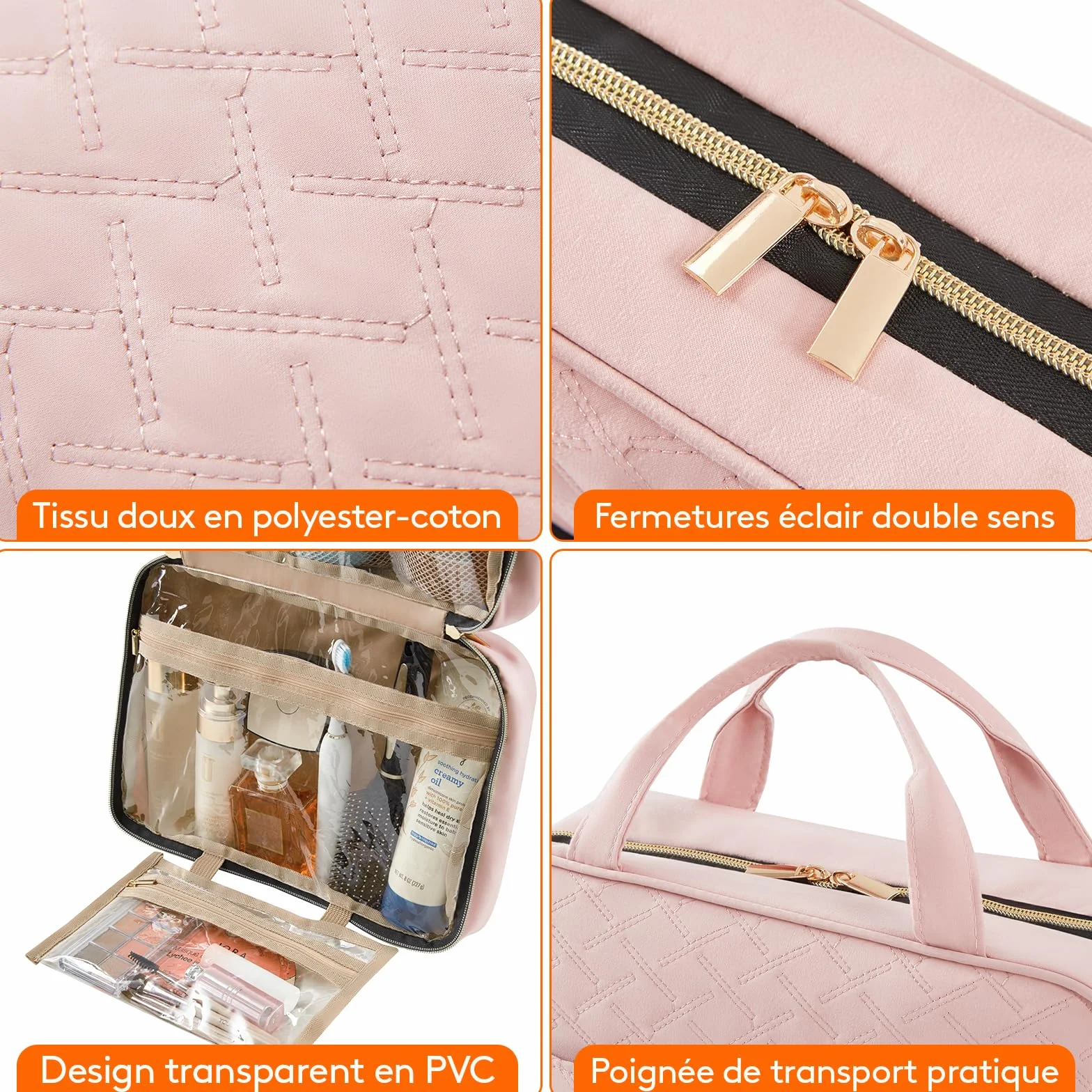 Lifewit Trousse de Toilette Femme Voyage Grande Suspendre avec Crochet, Vanity Maquillage 4 Compartiments Transparent, Rose