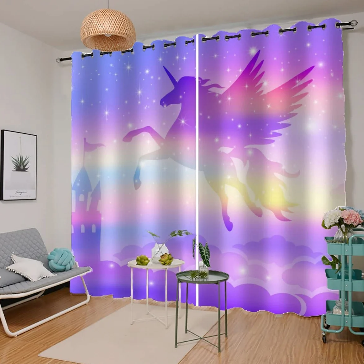 Cheval Arc-en-Ciel Rideau Occultant Lot de 2 3D Impression Violet Motif Rideaux Acoustiques Opaque 140x160 cm