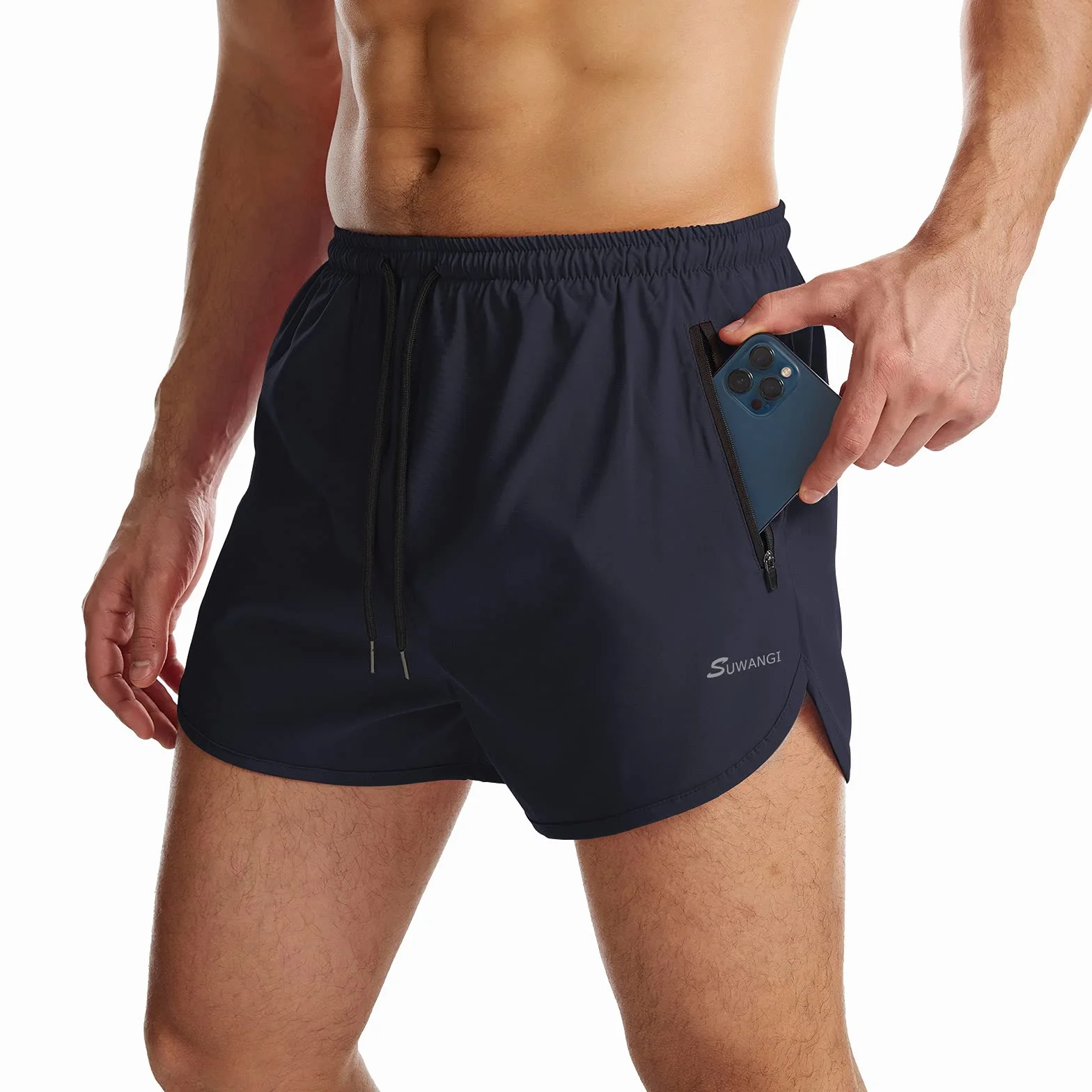 Suwangi Homme Short Course d'Entraînement Fitness Sport 2-en-1 Séchage Rapide avec Poches Zippées