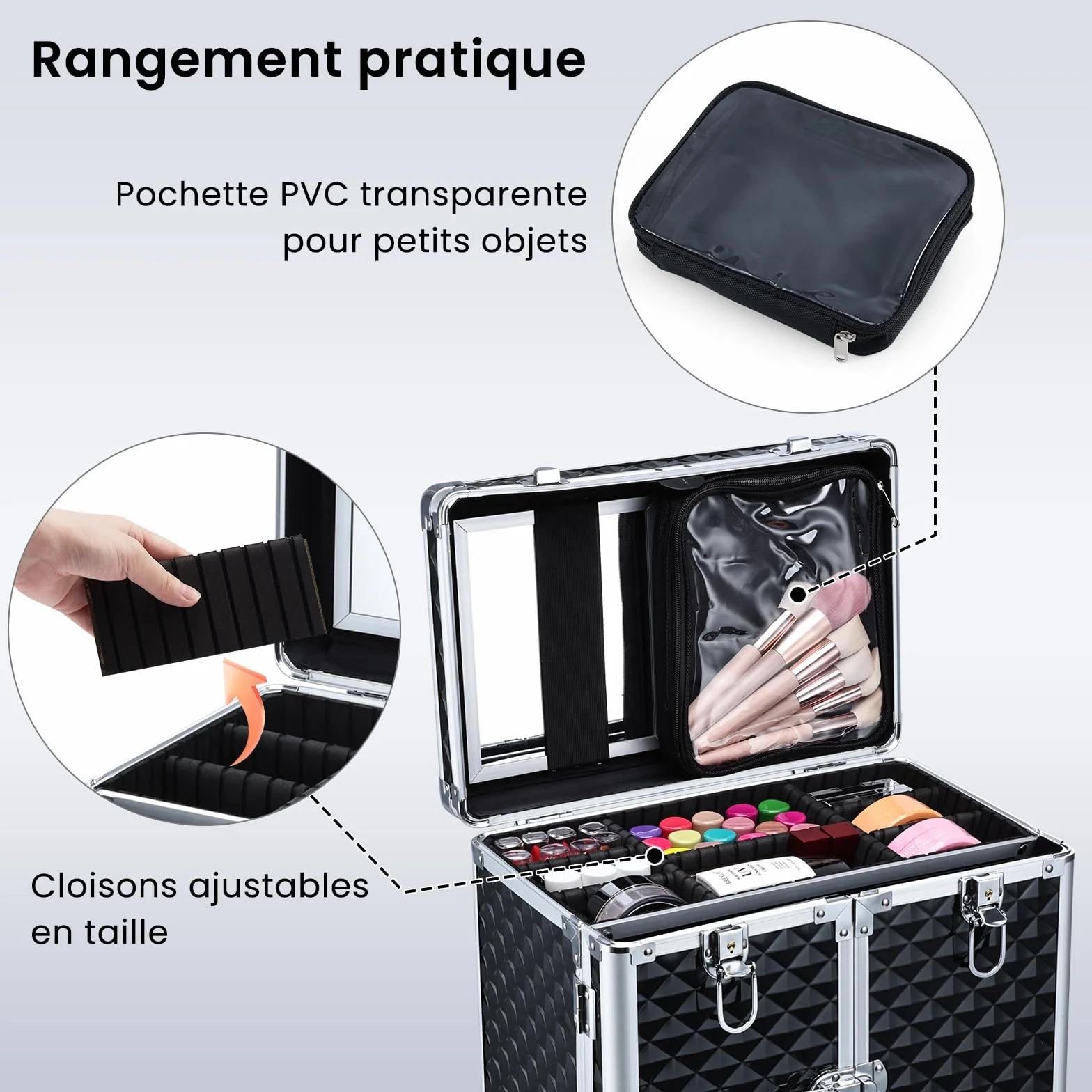 Valise de Maquillage Professionnelle à Roues avec Miroir et Tiroir Coulissant, Noir