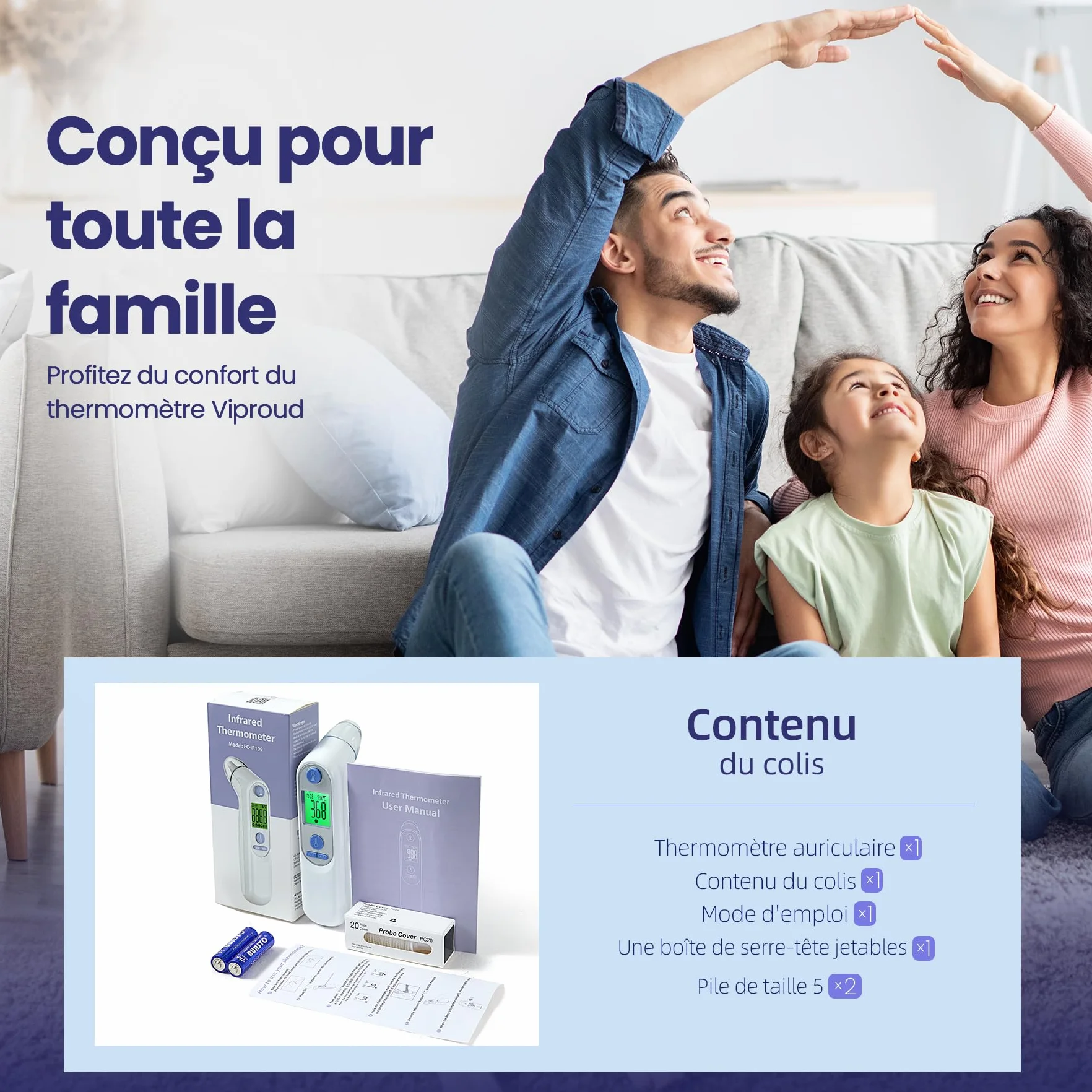 Thermomètre Auriculaire Haute Précision pour bébé, Mesure rapide 1 seconde, Indicateur sonore fièvre, 21 Embouts, Blanc