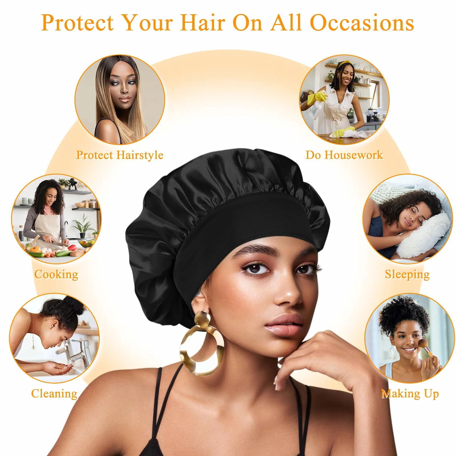 Bonnet Satin Cheveux Nuit Ajustable Élastique Femme Soin Cheveux Bouclés Noir