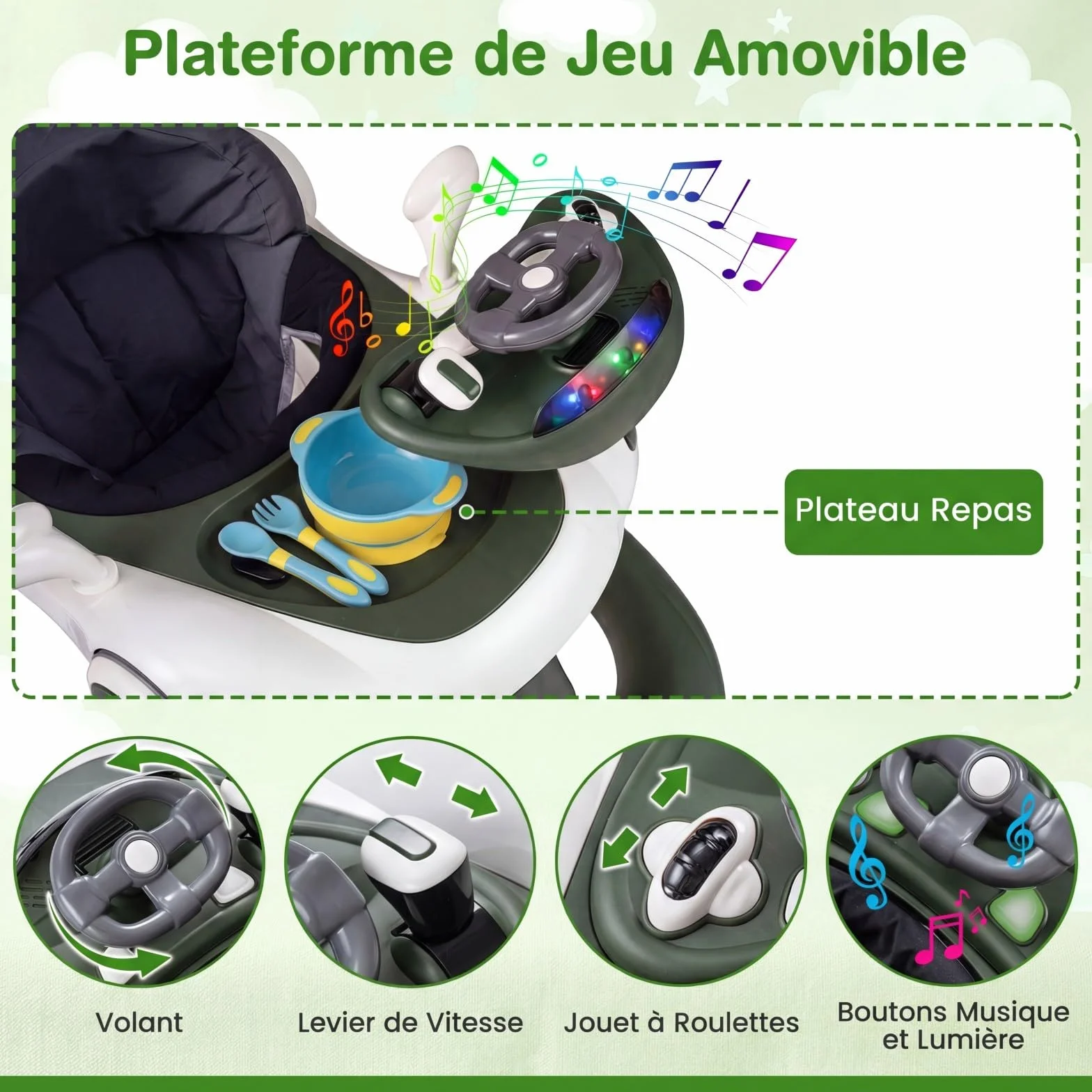 COSTWAY Trotteur Bébé Pliable 7 en 1 avec Mode Bascule et Sautillant, Hauteur Réglable, Musique et Lumière, Charge 12kg, 7-18 Mois (Vert)