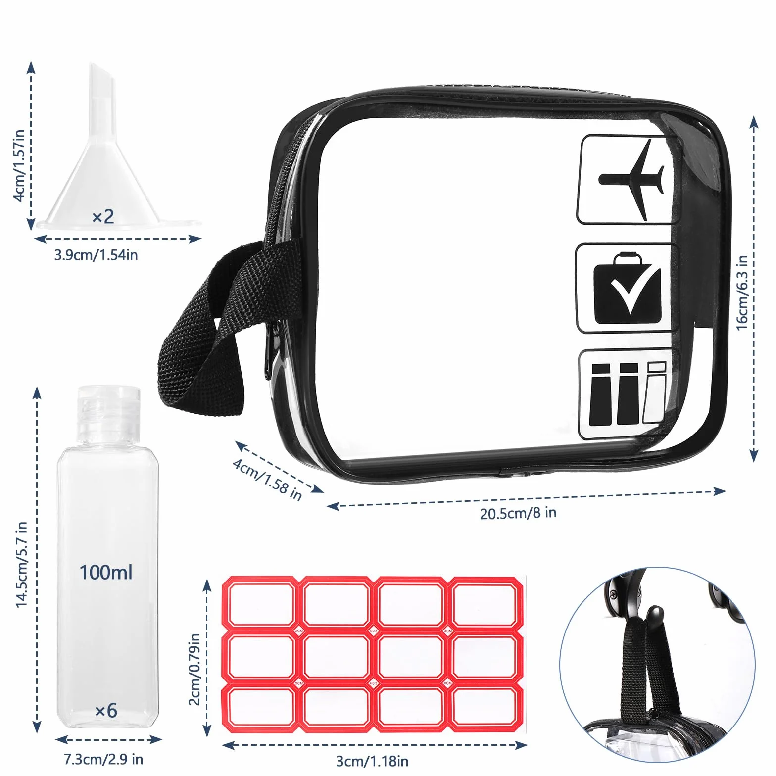 Diboniur Trousse de Toilette Flacon de Voyage Kit Voyage Avion 6 Pièces Flacon Vide 100 ML avec 2 Petits Entonnoirs