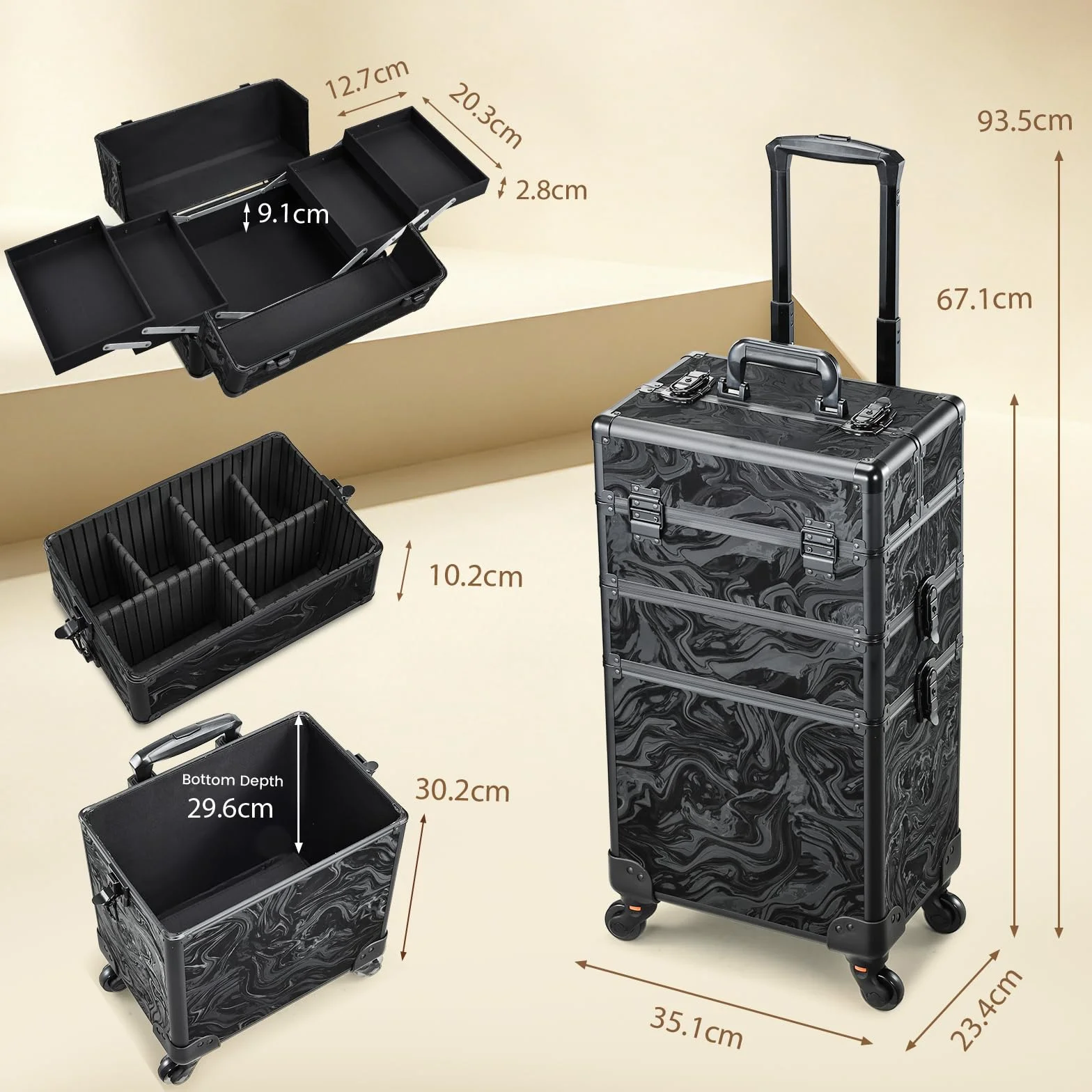 Valise Maquillage à roulettes 3 en 1 Alpine Noir, Grande Malette Coiffure Ongles multifonctionnelle