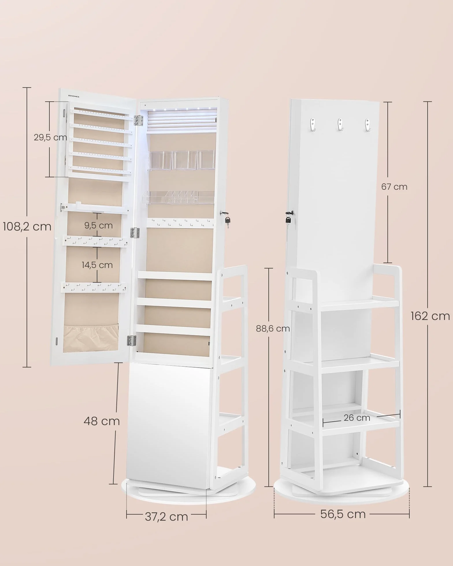 SONGMICS Armoire à Bijoux avec Miroir Intégral, Éclairage et Rotation 360°, Blanc Nuage JJC027WH01