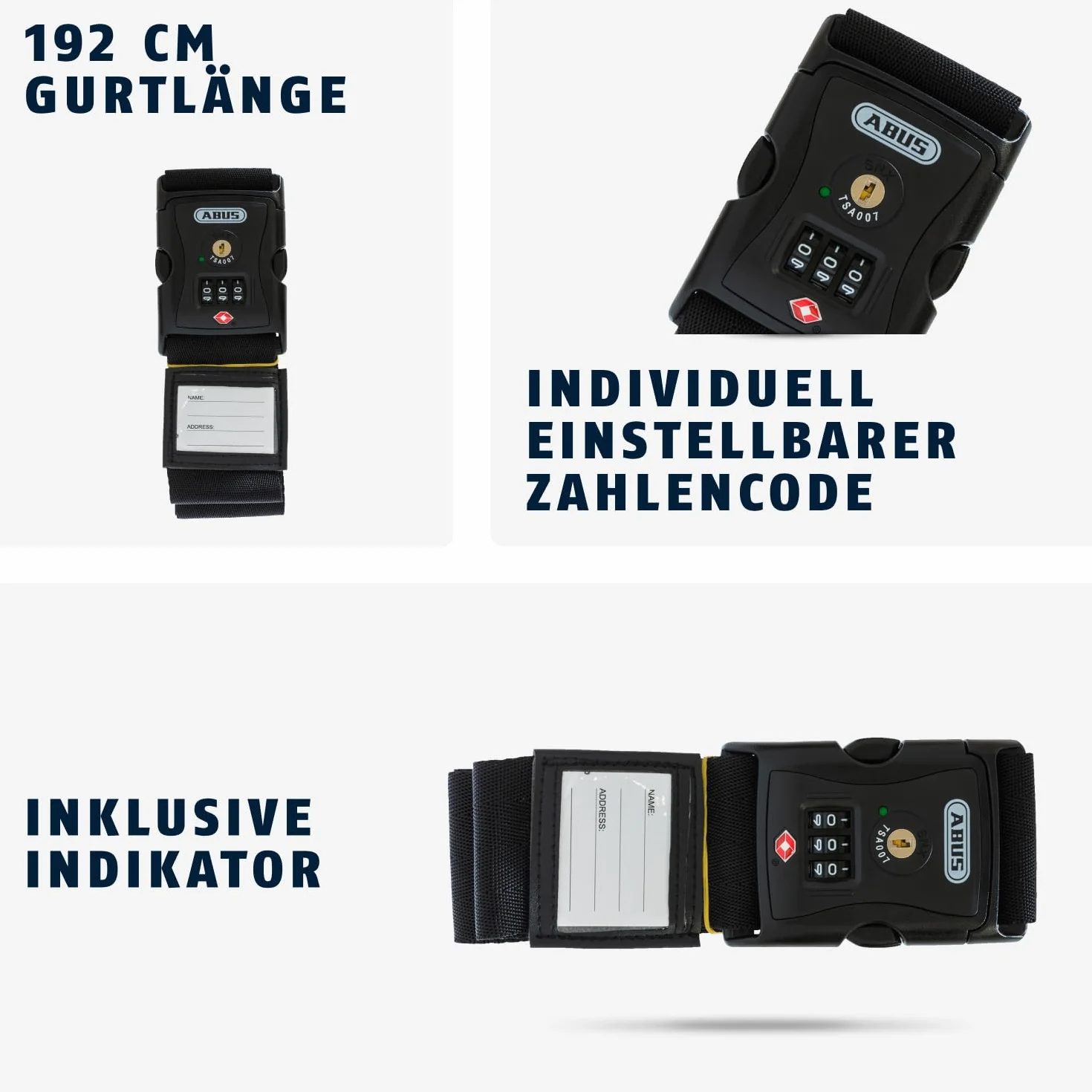 ABUS Sangle à valise avec serrure TSA 620TSA/192 - Code numérique à 3 chiffres - Noir