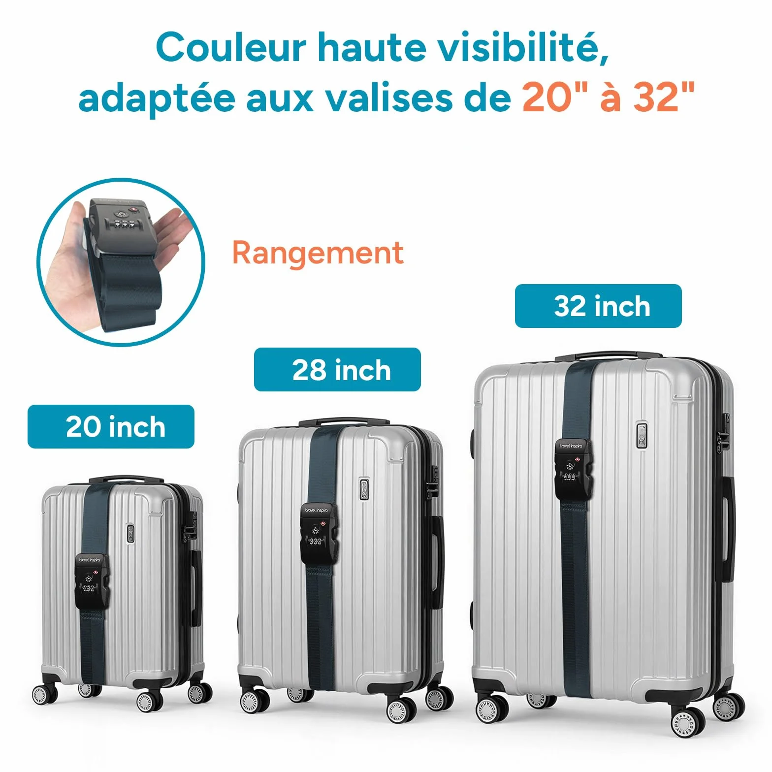 Sangle Valise TSA Réglable 103-200 cm pour Valises 20-32 Pouces, Ceinture à Bagages Bleu Marine