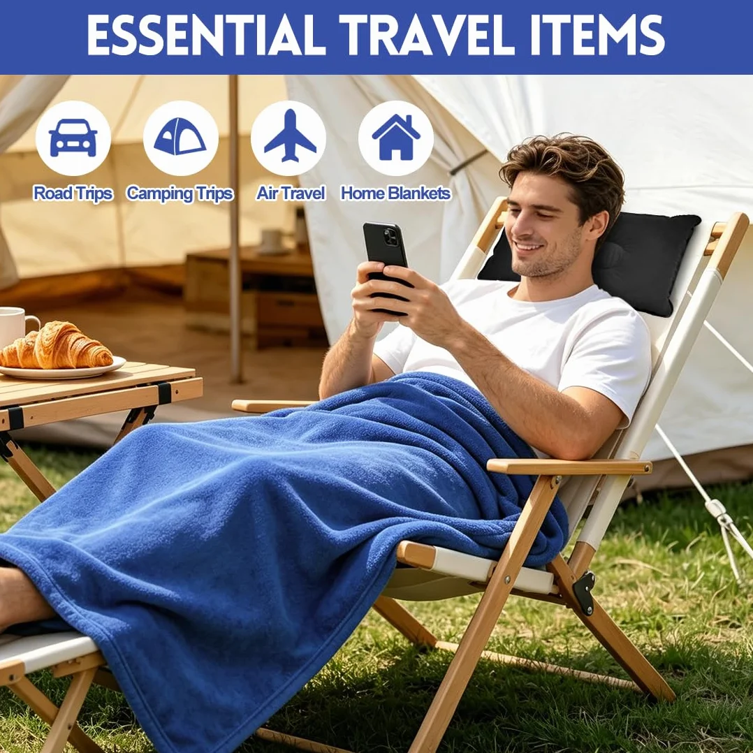 Couverture de voyage 3 en 1 ultra légère et chaude pour avion et voiture avec coussin gonflable et accessoires