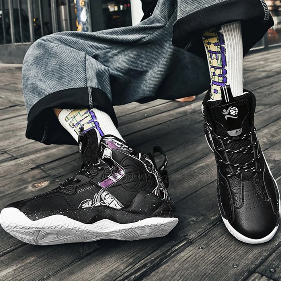 Hixingo Chaussure de Basketball Hommes Hautes Sneakers Baskets Mode Style Graffiti 36-45 EU
