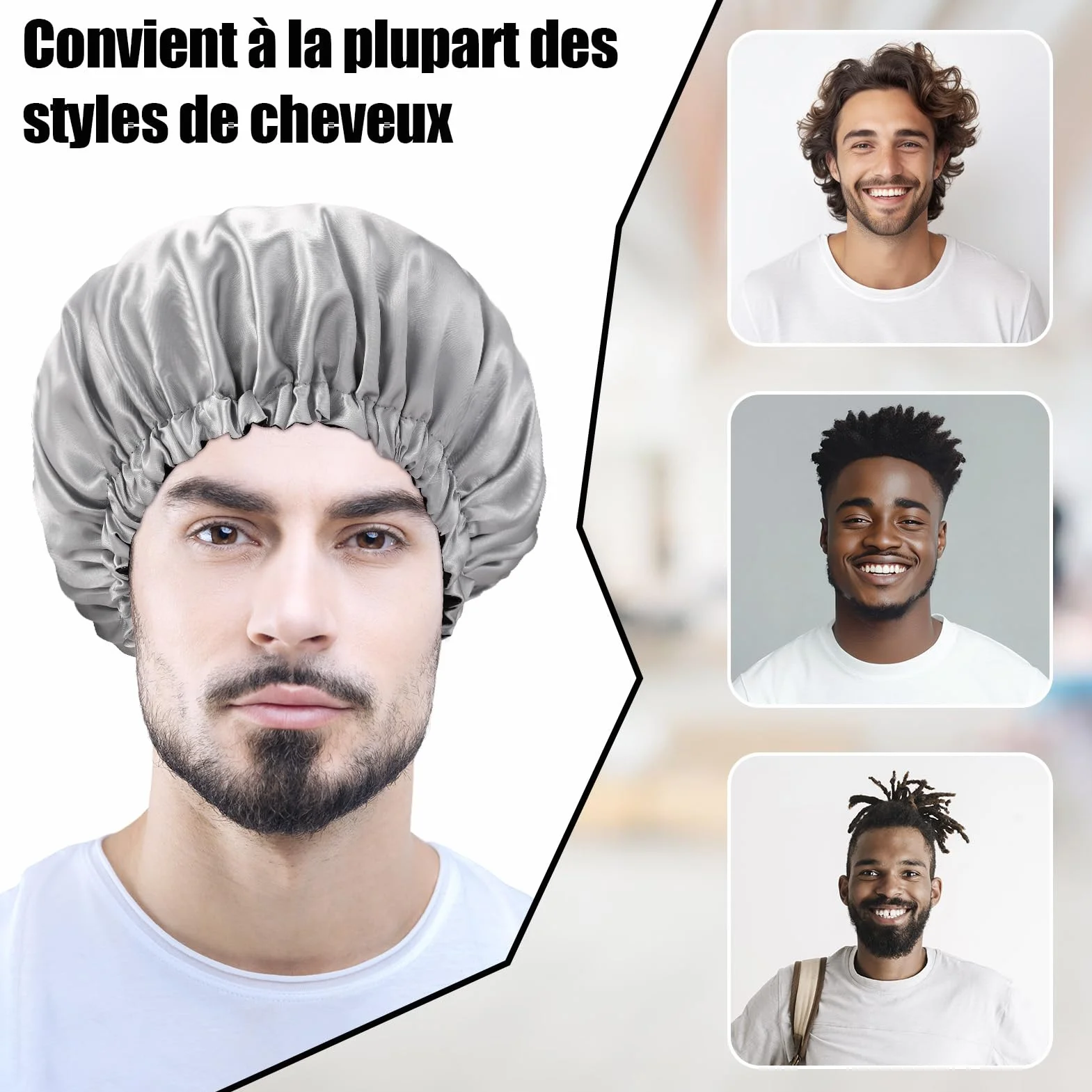 Bonnet en Satin pour Cheveux Nuit Homme Femme Respirant Ajustable Élastique Antidérapant, Bleu + Argent/Noir + Gris