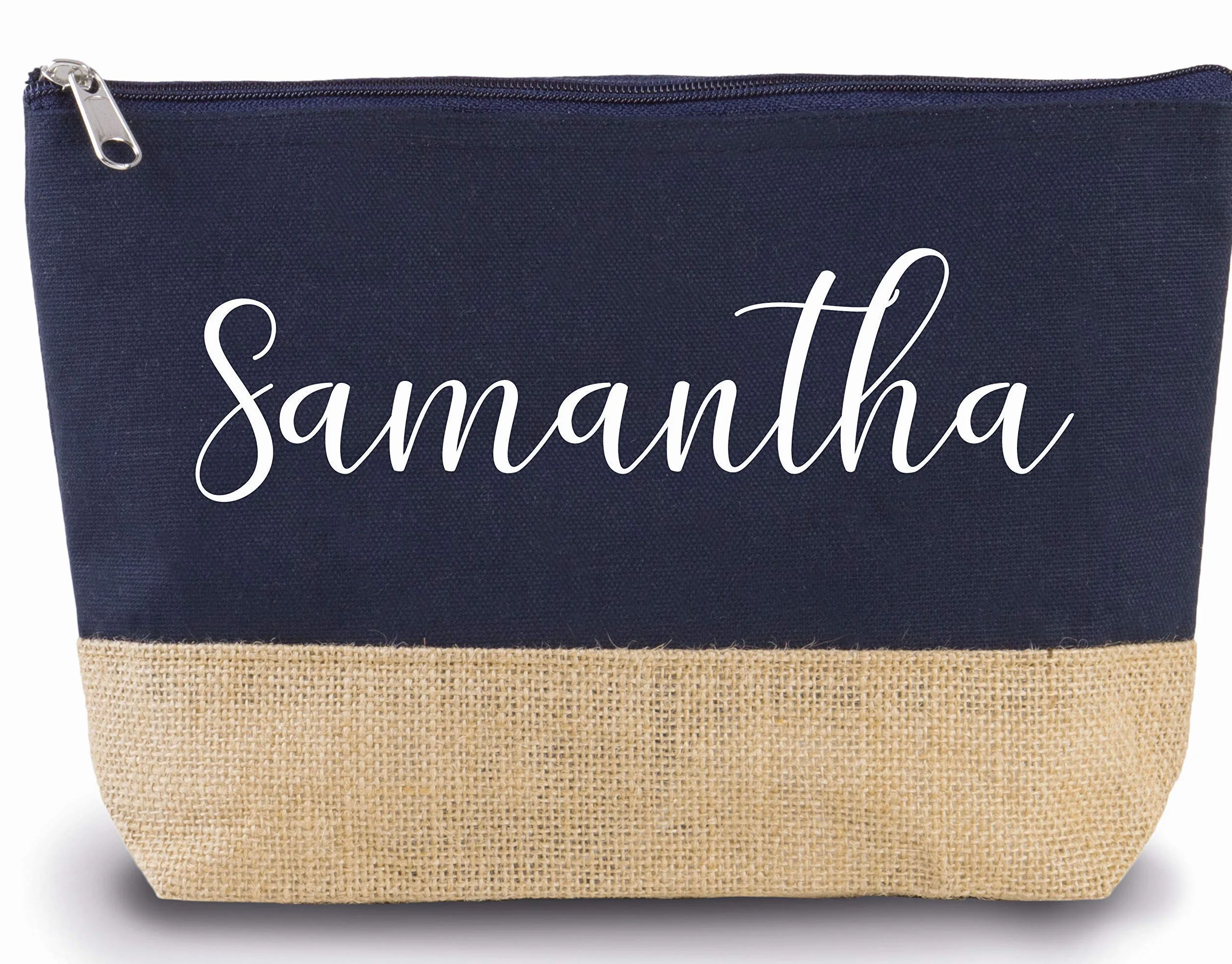 Trousse personnalisée en coton et toile de jute marine, trousse de toilette, cadeau anniversaire femme