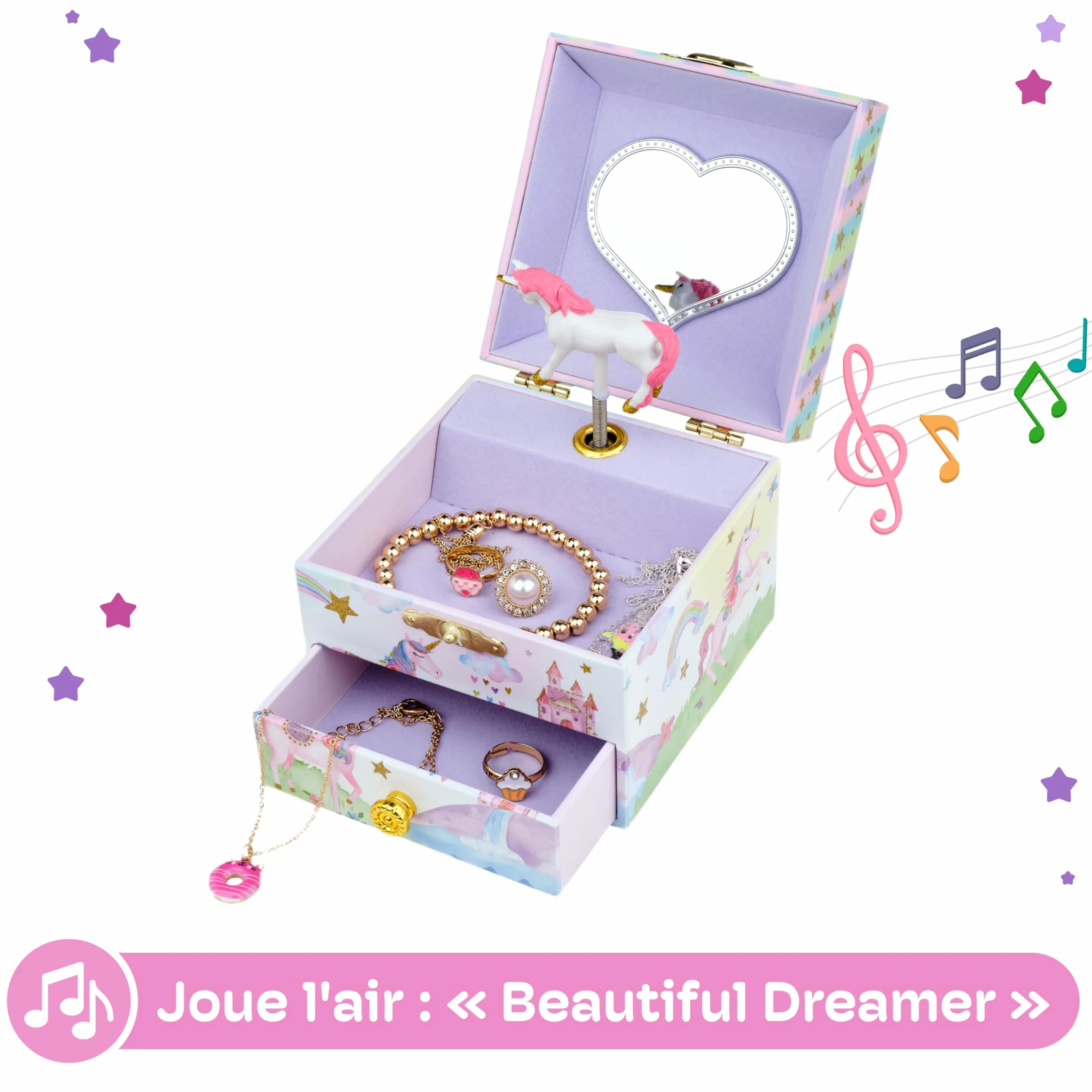 Jewelkeeper Boîte à Musique Licorne Arc-en-Ciel Etoiles Pailletées Tiroir Rangement Mélodie The Beautiful Dreamer