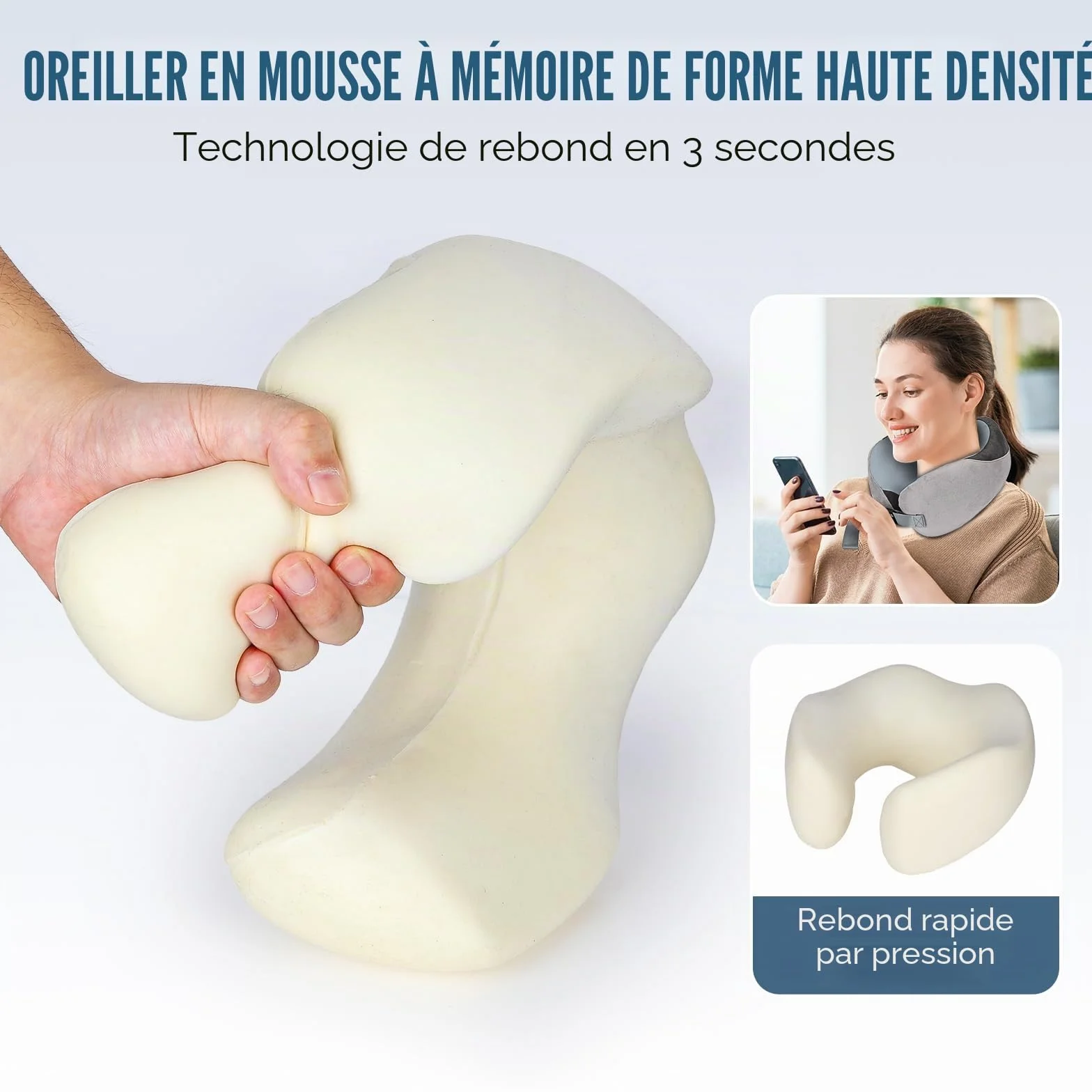 Oreiller de Voyage pour Avion en Mousse à Mémoire de Forme, Coussin Avion Soie de Glace Réglable avec Sac de Rangement (Gris)