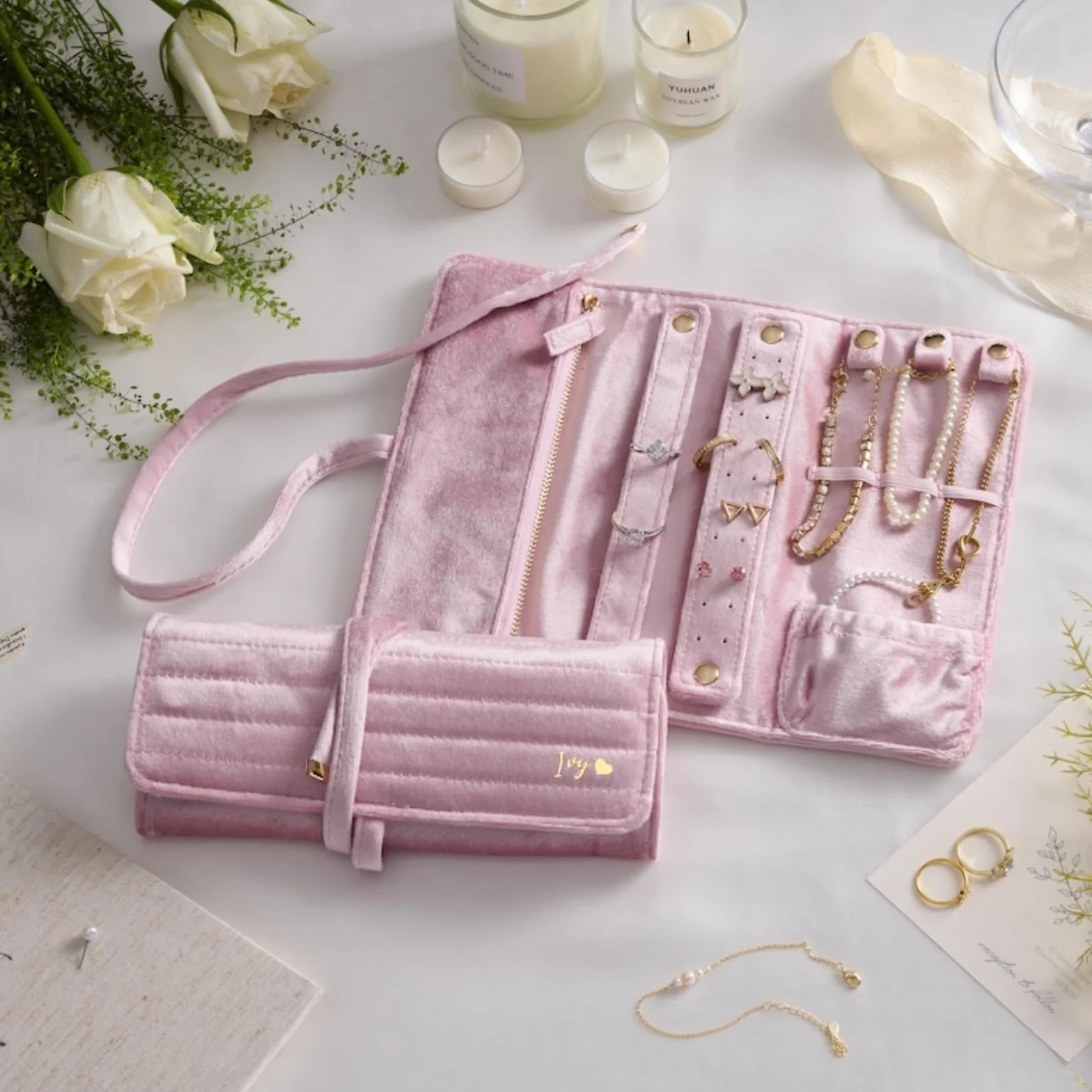 Rouleau à bijoux en velours personnalisé, organisateur de voyage, cadeau pour femme
