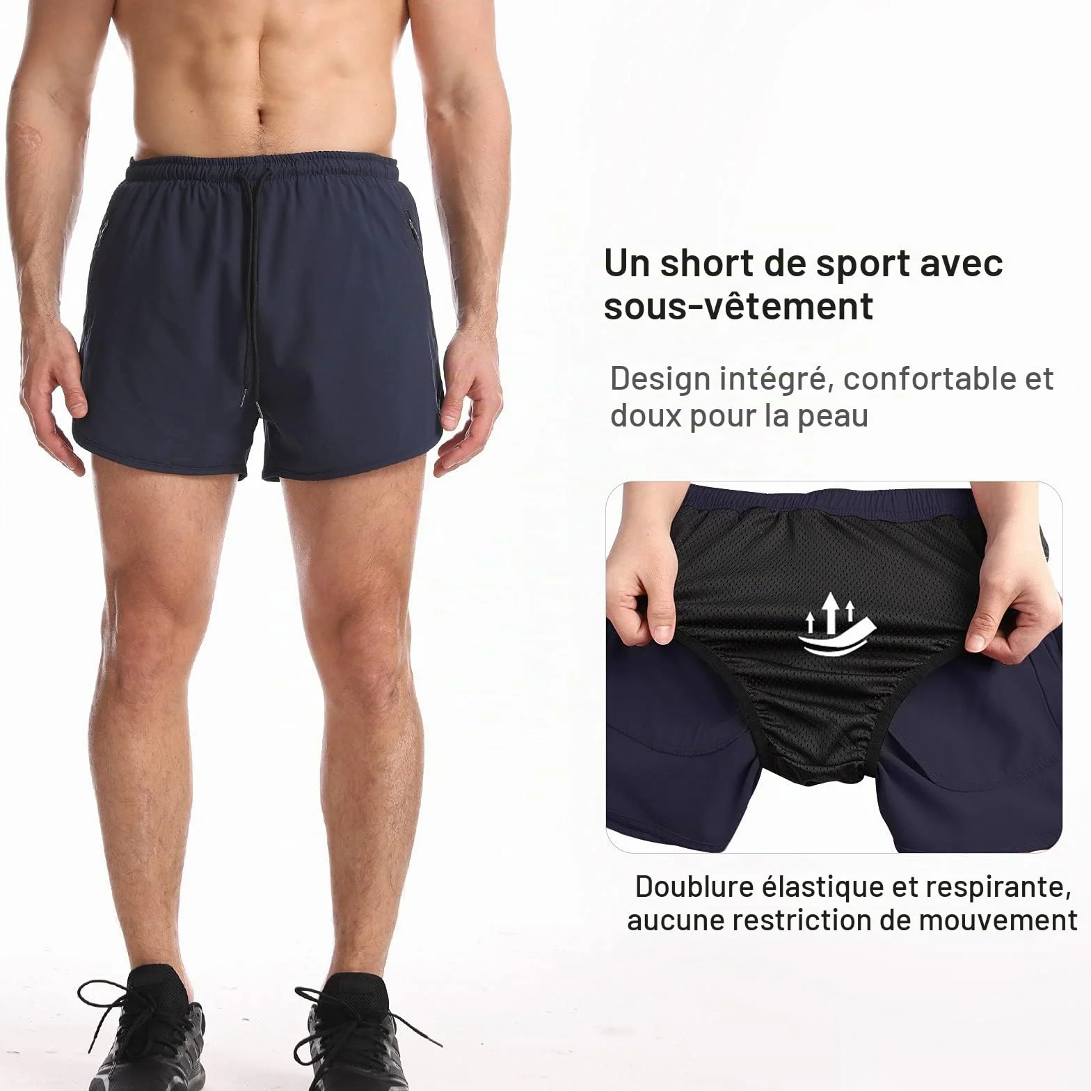 Suwangi Homme Short Course d'Entraînement Fitness Sport 2-en-1 Séchage Rapide avec Poches Zippées