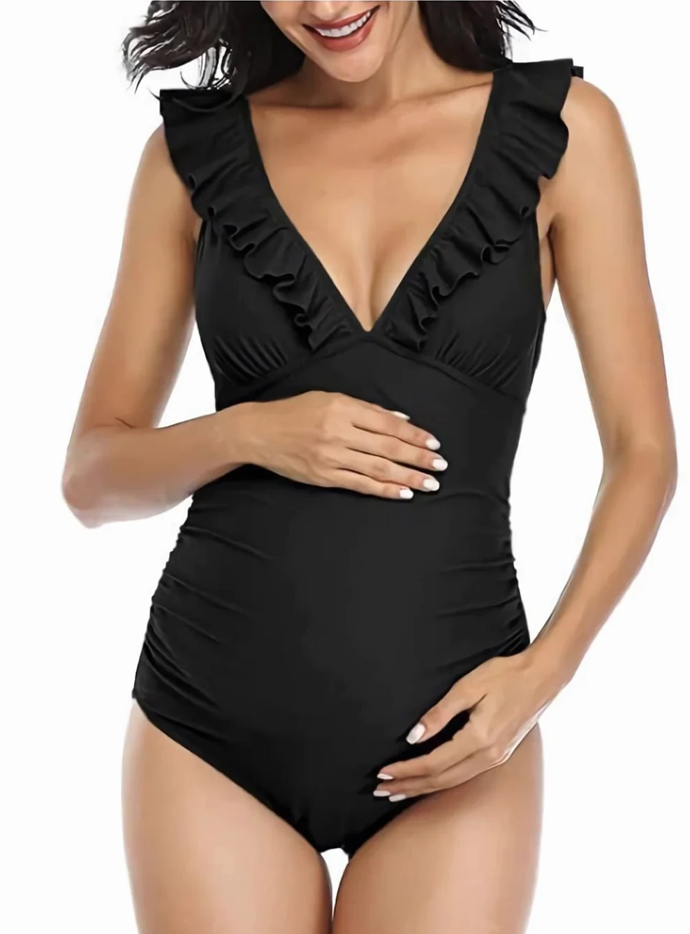 Maillot de Bain Grossesse Femmes Une Pièce Col en V Soutien-Gorge Amovible Froncé Vetement de Plage Piscine