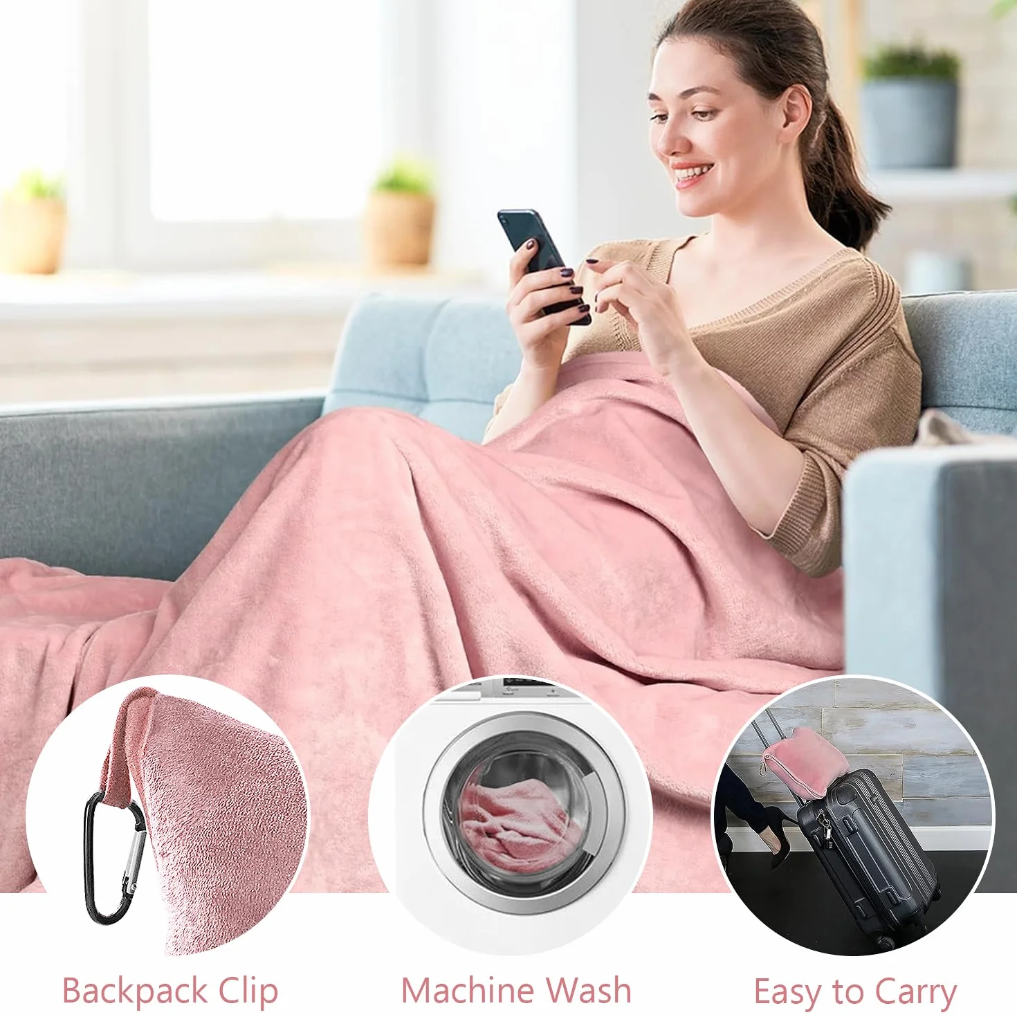 Bocguy Couverture de Voyage Avion 2 en 1 Ultra Légère avec Masque de Sommeil et Bouchons d'oreilles Rose