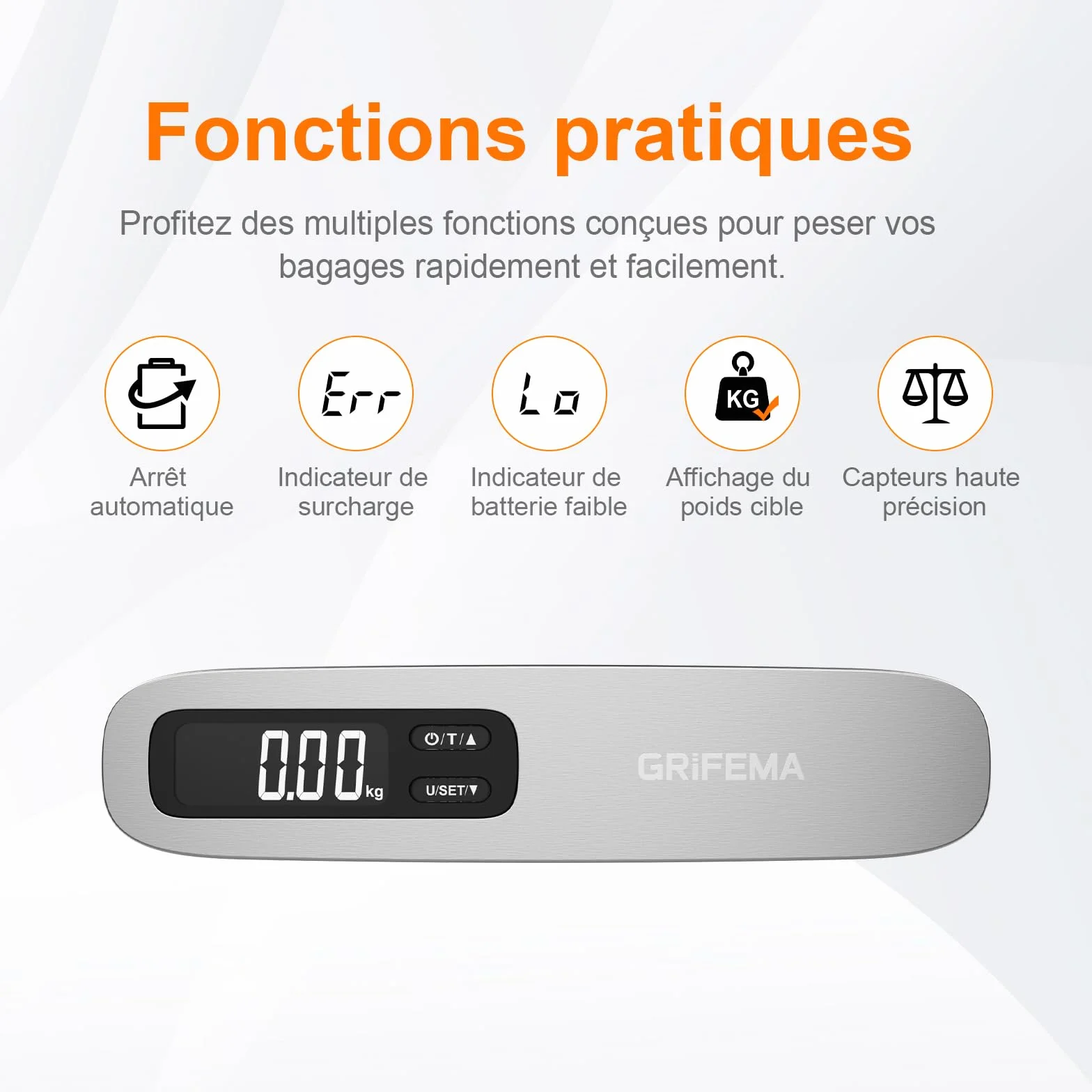 GRIFEMA GA2006 Pese Numérique pour Bagages Balance Portable Valise de Voyage avec Fonction Tare 110 lb 50 kg Noir Argent