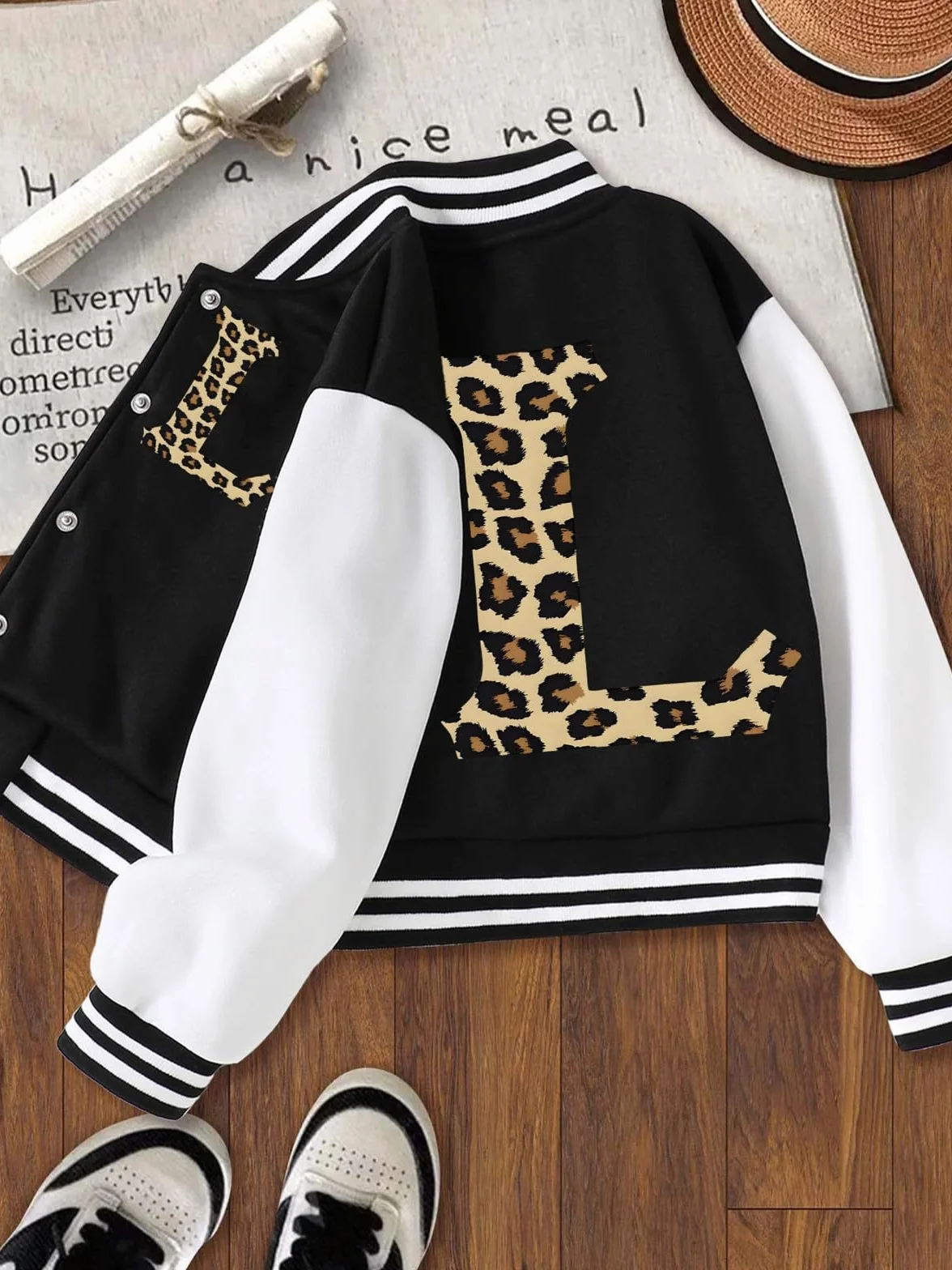 Veste de baseball scolaire élégante pour fille avec impression léopard et lettrage automne printemps