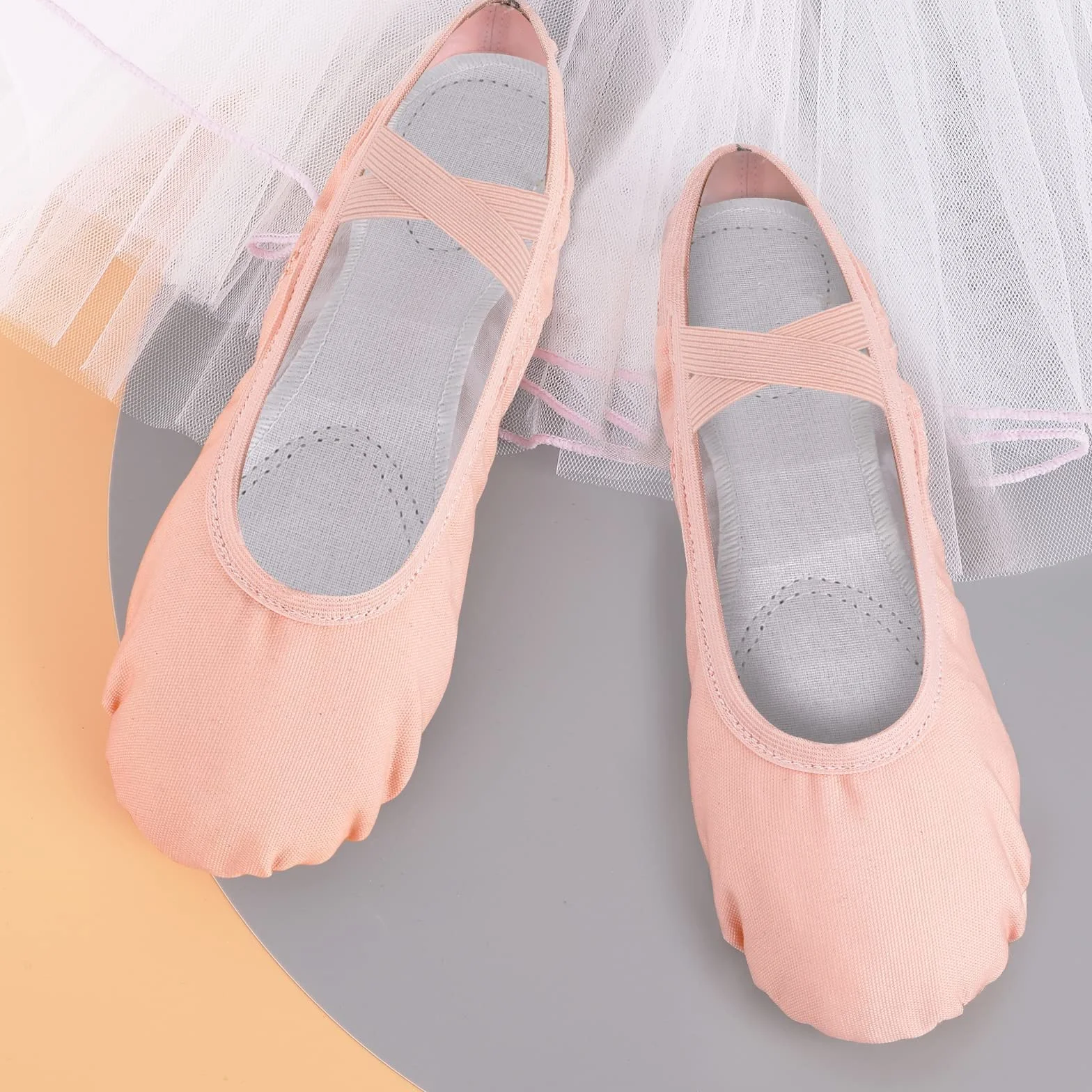Chaussures de Danse Fille Semelle Scindée Demi Pointe Ballet Canvas Noir Rose Beige