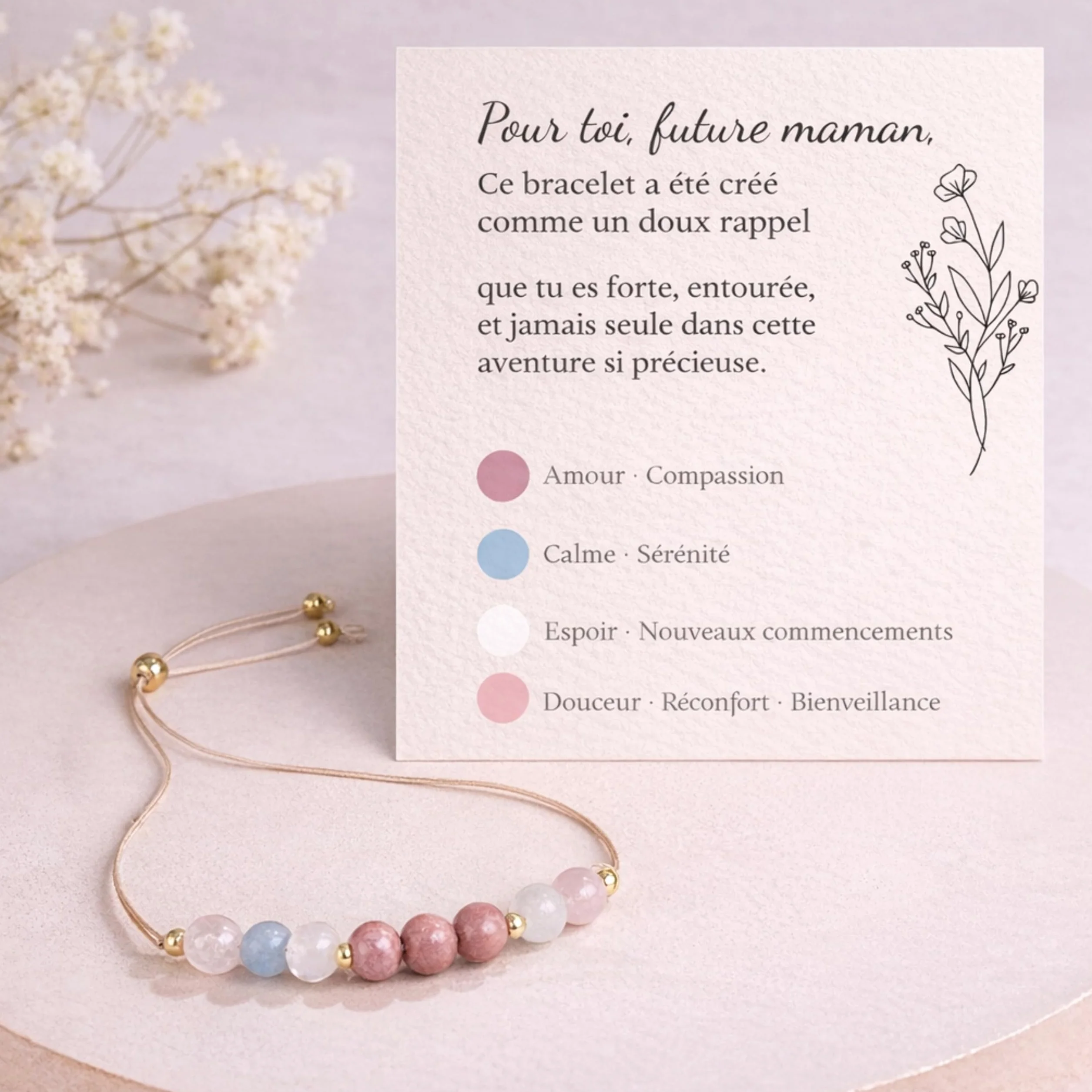 Bracelet Future Maman Pierre Naturelle Ajustable – Cadeau Femme Enceinte Baby Shower