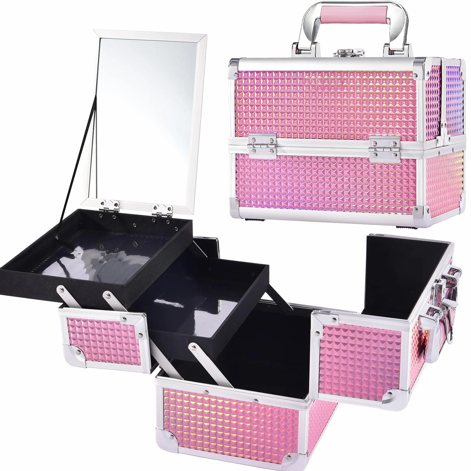 Joligrace Mallette Maquillage avec Miroir Valise Vanity Rangement Coiffure Beauty Case Rose