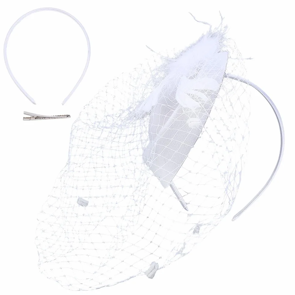 Chapeau Bibi en Voile Blanc avec Plumes 13x11cm Accessoire Cheveux Rétro pour Mariage Thé Soirée