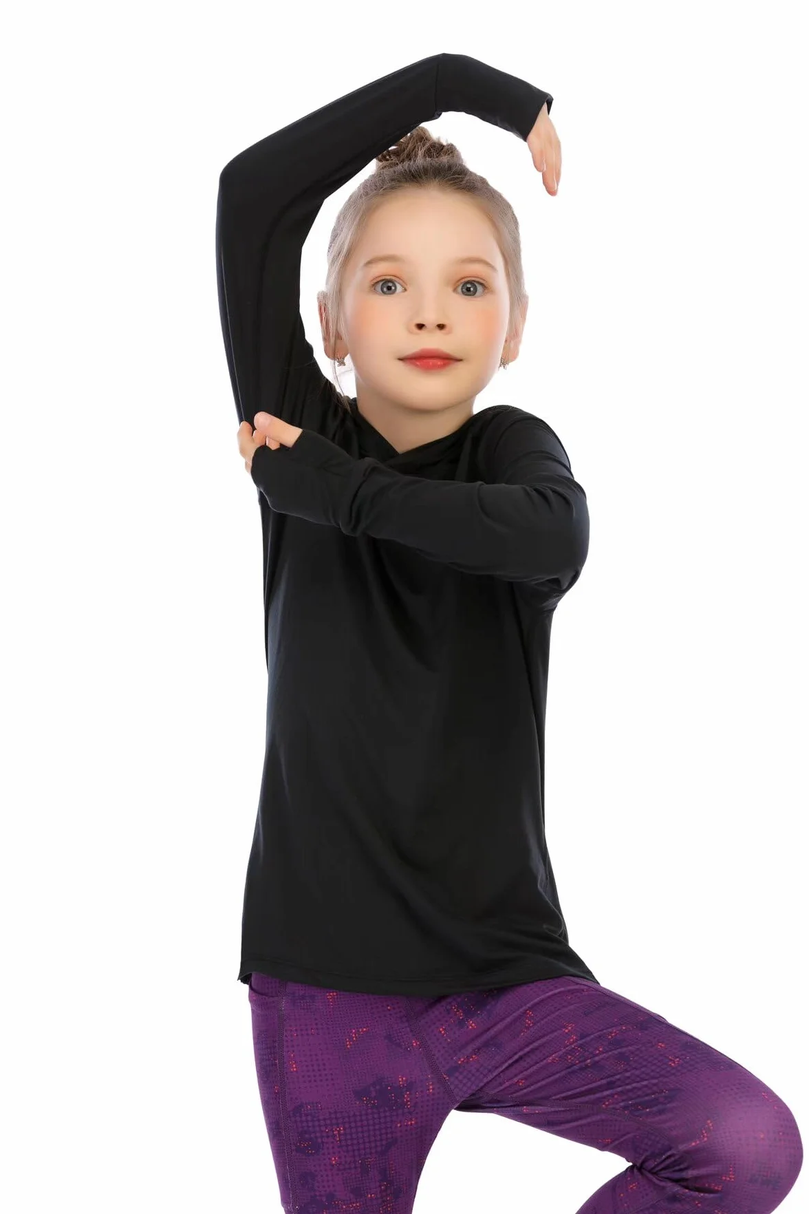 Chemise à capuche à manches longues pour filles avec trou pouce - Haut UV course enfants UPF - Sweat léger sport actif yoga danse