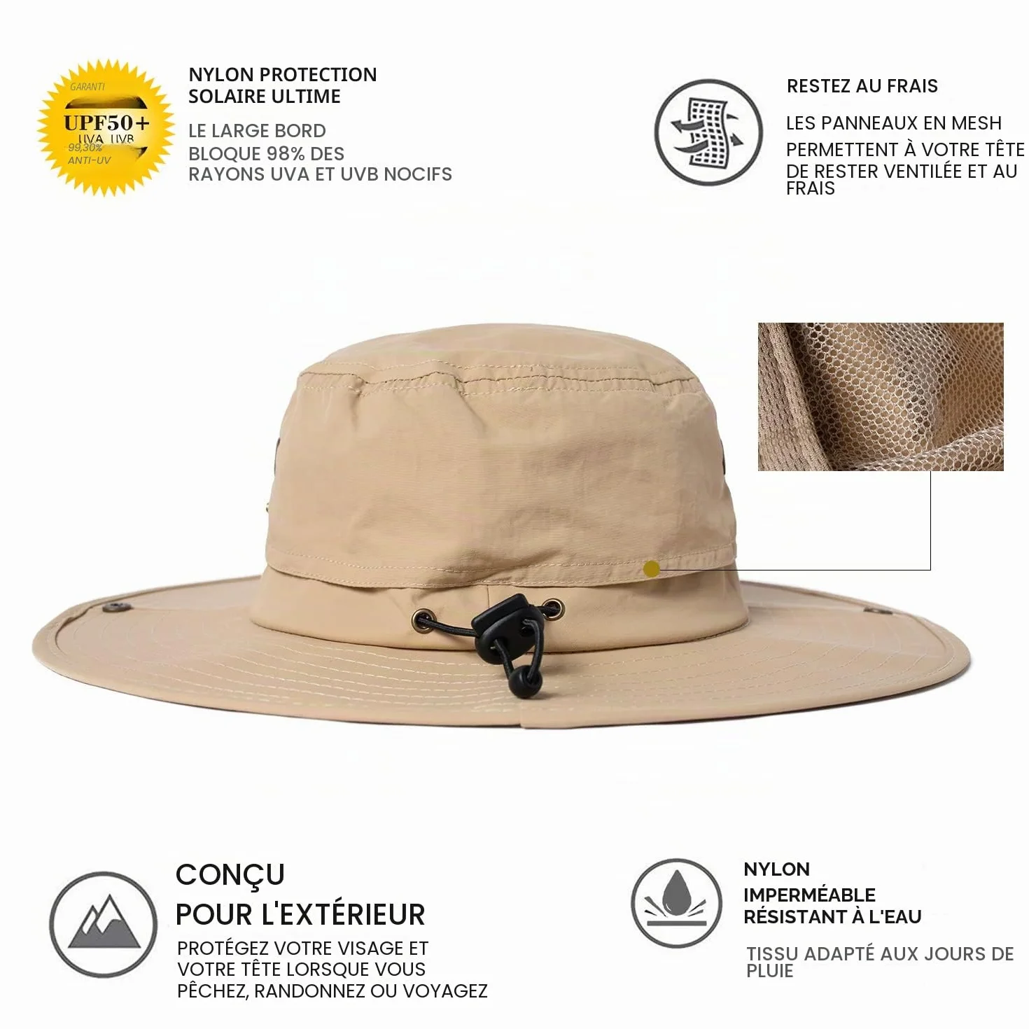 Comhats Grand chapeau de soleil pour homme XL-XXL, large bord UV Safari, imperméable coupe-vent 60-66 cm