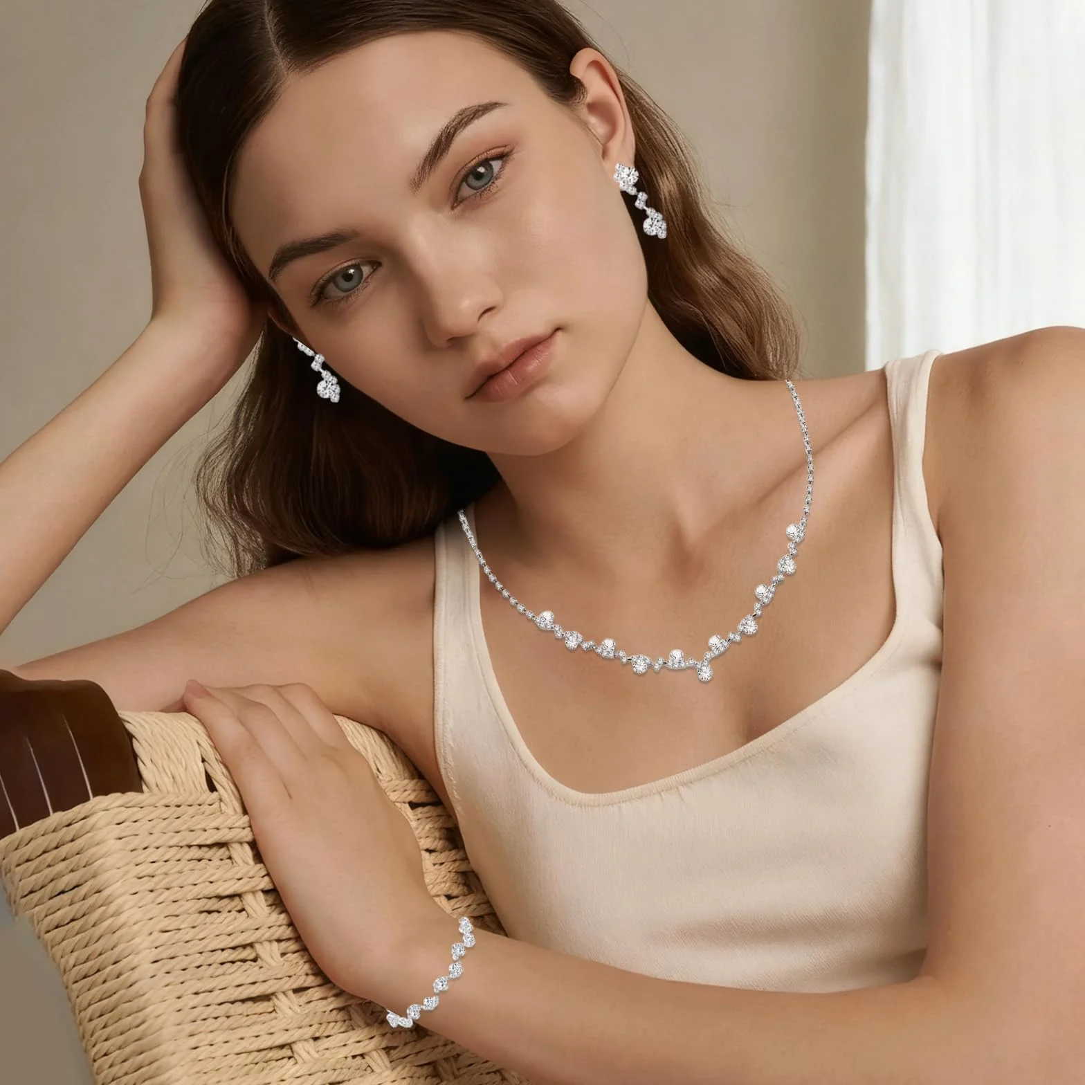 Sac à Main Argenté avec Collier Bracelet Boucles d'Oreilles Pochette Mariage Soirée