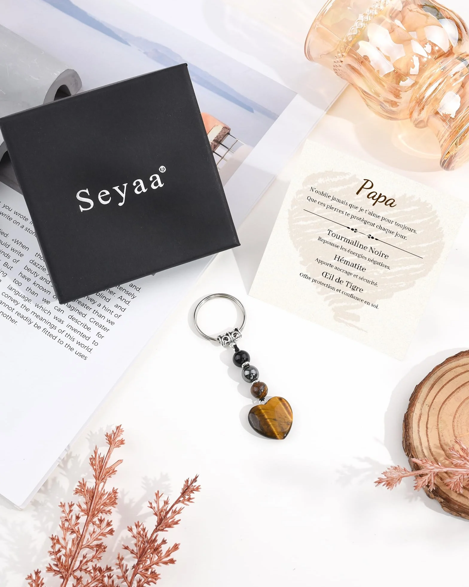 Seyaa Porte Clef Coeur en Oeil de Tigre Cadeau Homme Papa