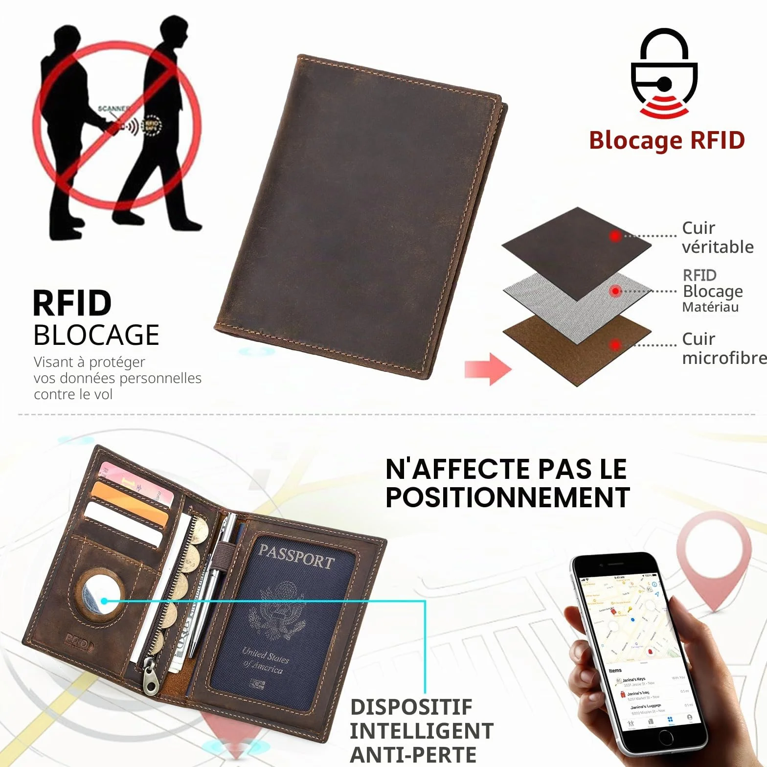 Portefeuille Homme Cuir Véritable Bloquer RFID Compartiment AirTag Organisateur Cartes Voyage