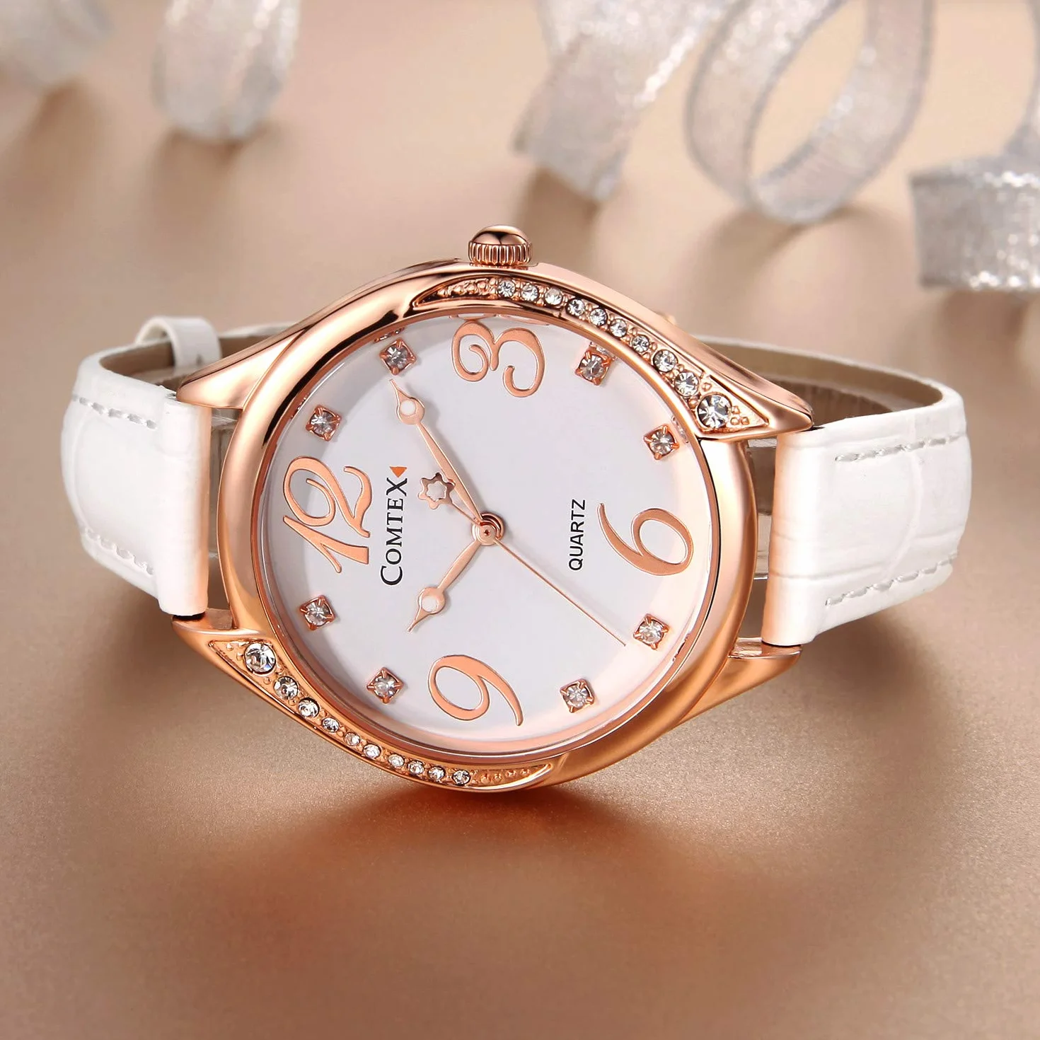Comtex Montre Femme Or Rose Gros Cadran Diamant Cristal Blanc Cuir