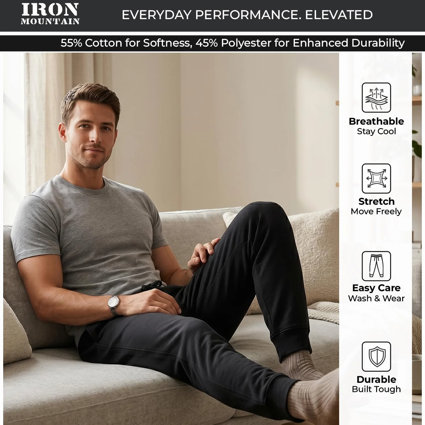 Pantalon Sweat Fleece Jogging Homme avec Chevilles Côtelées et Cordon, Fitness Détente (Noir, L)