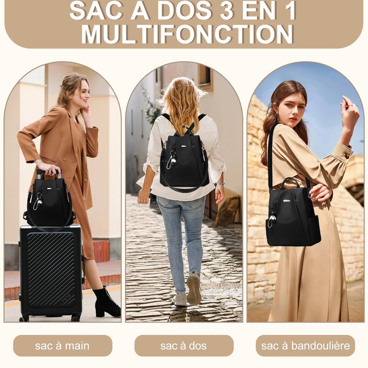 Eshow Sac à Dos Femme Antivol, Petit Sac Bandoulière Léger Voyage Noir