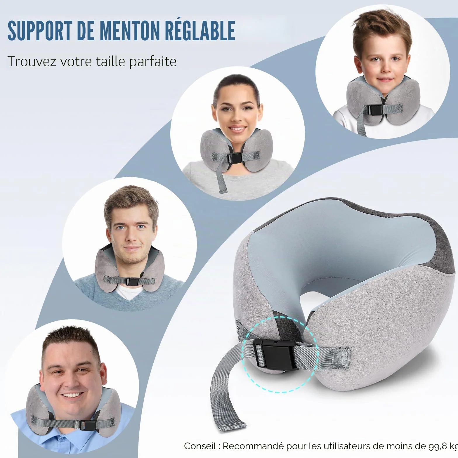 Oreiller de Voyage pour Avion en Mousse à Mémoire de Forme, Coussin Avion Soie de Glace Réglable avec Sac de Rangement (Gris)