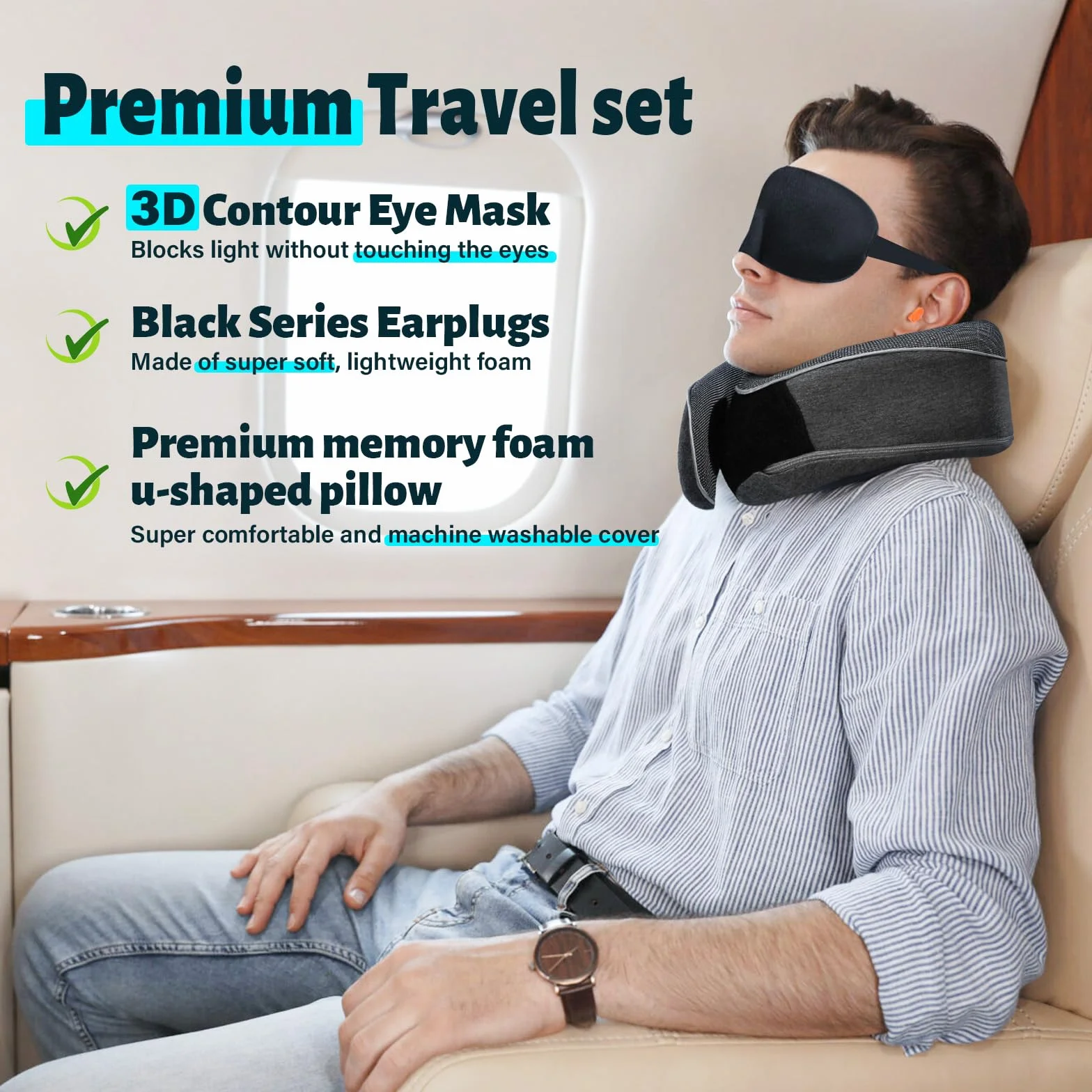 Coussin de Voyage Mémoire Forme pour Adultes avec Bouchons d'Oreille et Sac de Rangement - Avion Train