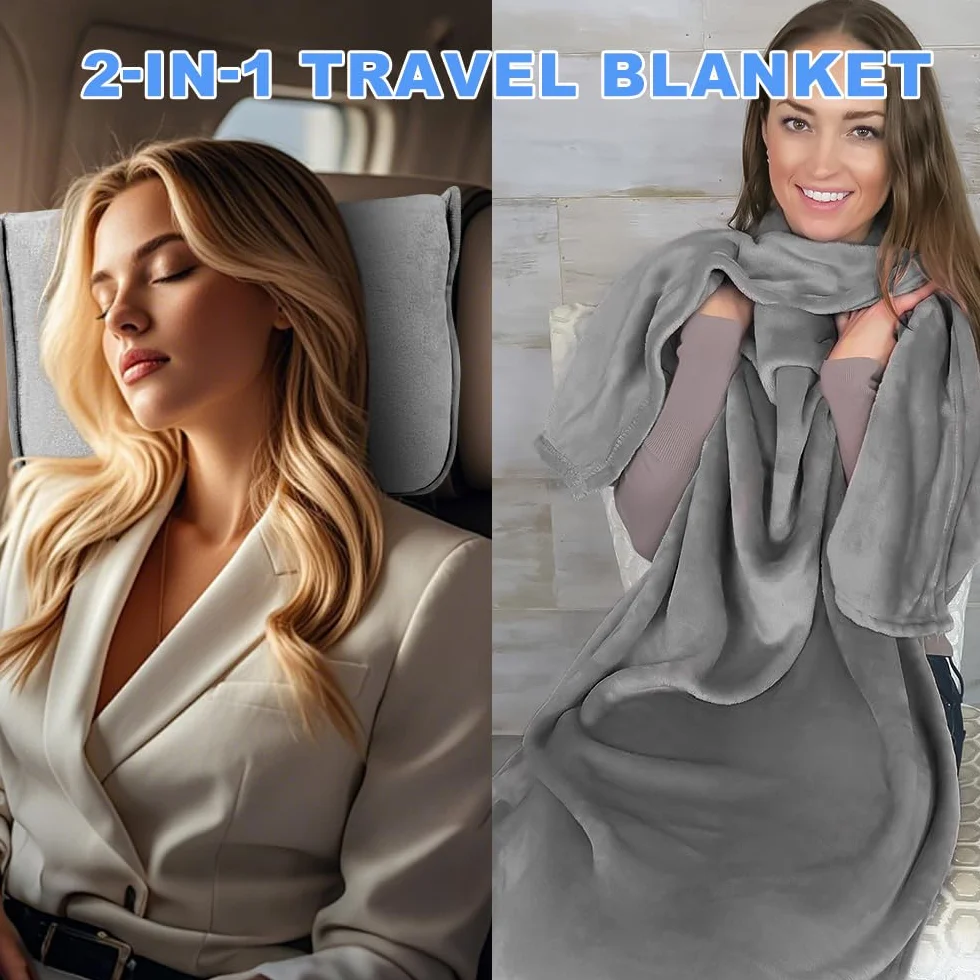 Couverture de Voyage 2 en 1 Coussin Transformable Doux et Chaud Gris