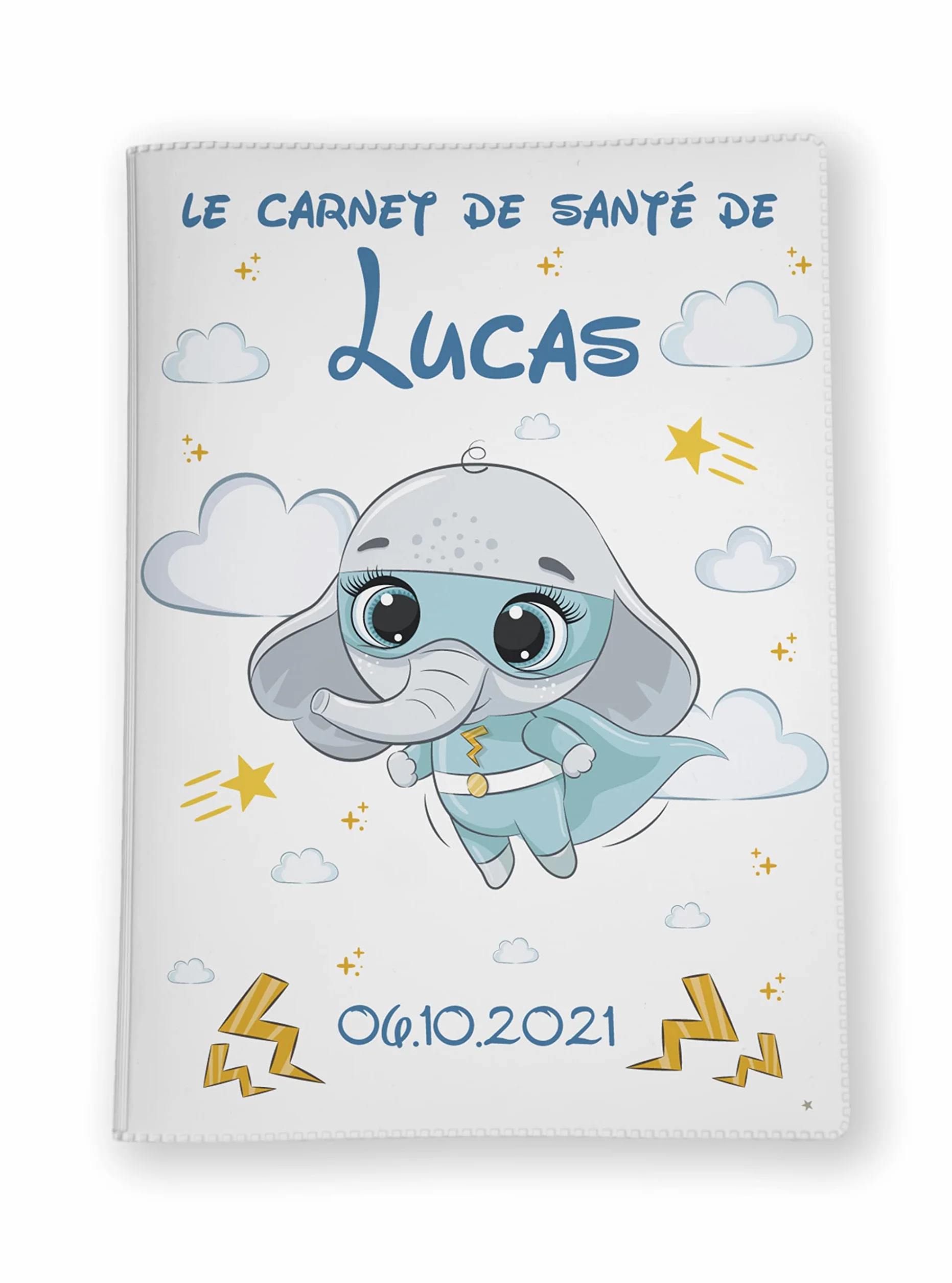 Housse carnet de santé personnalisé Éléphant Super Héros, idée cadeau naissance original