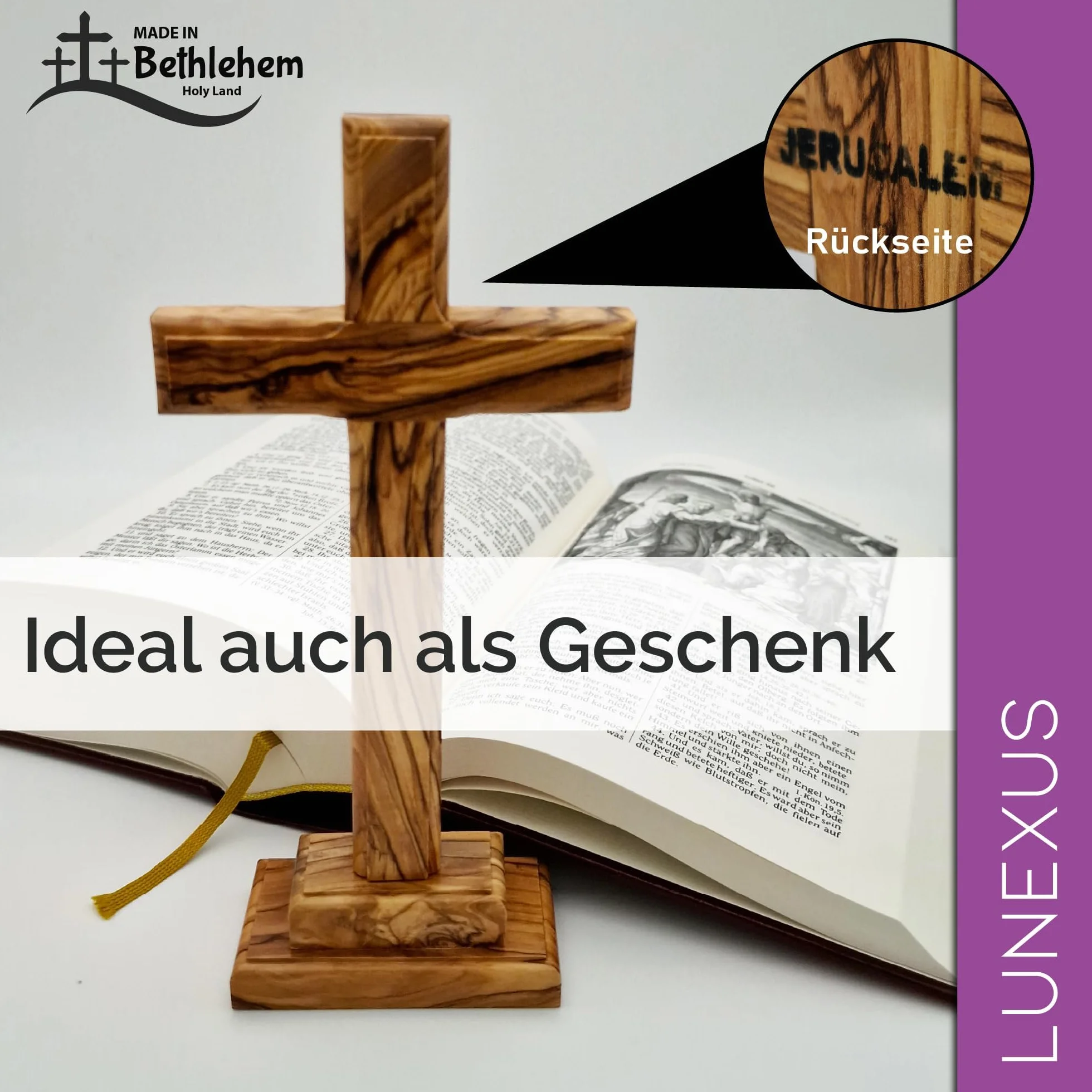 Croix sur pied en bois d'olivier 18,5 cm - Fabriquée à la main à Bethléem - Certificat de consécration - Croix de table chrétienne - Cadeau de baptême communion