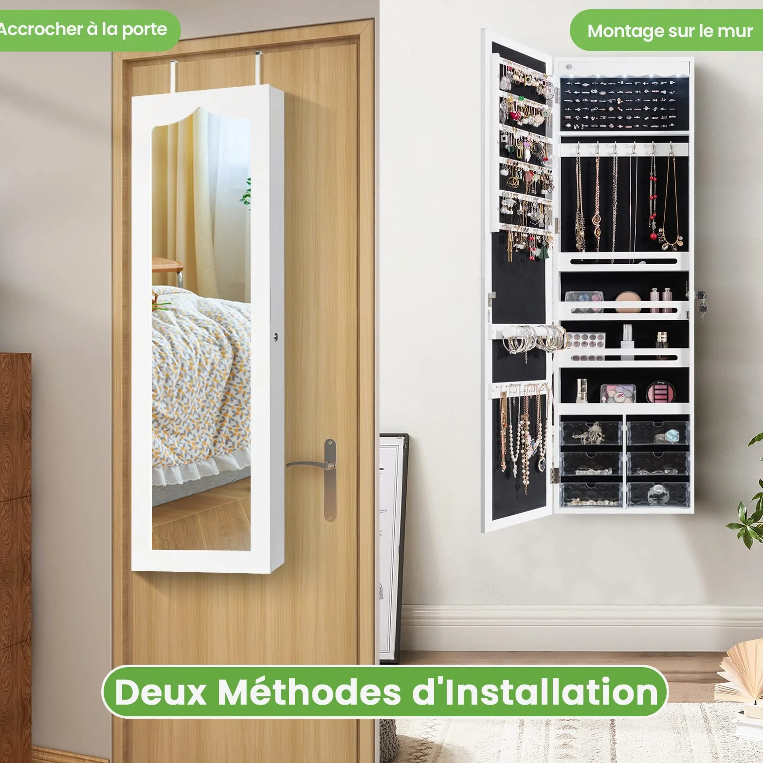 COSTWAY Armoire à Bijoux Murale LED 5 Lumières avec Miroir 6 Tiroirs 36,5 x 11,5 x 120 cm Blanc