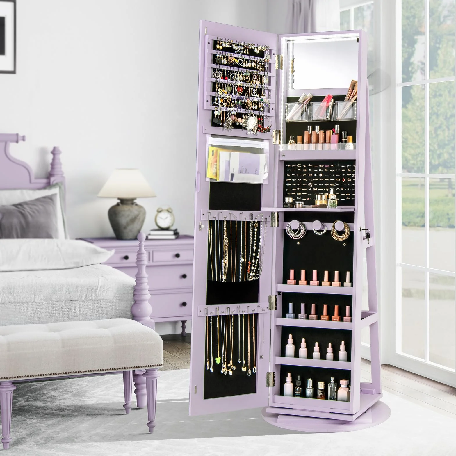 COSTWAY Armoire à Bijoux Pivotante 360° avec Miroir Pleine Longueur et Lumières LED 3 Couleurs, Style Nordique Violet