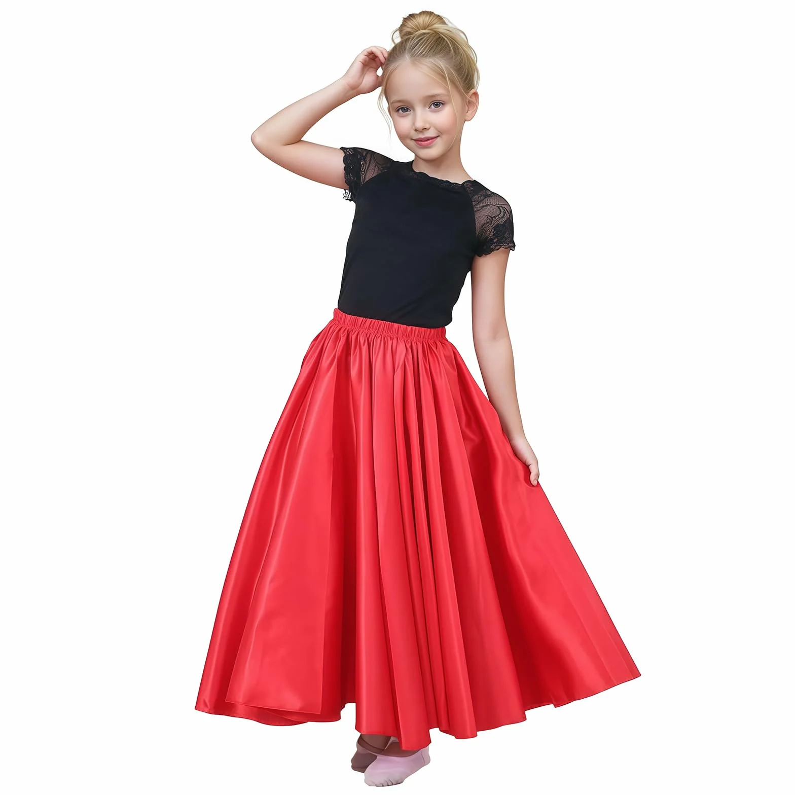 Jupe de Danse Orientale pour Fille, Jupe Longue en Satin Brillant pour Danse du Ventre, Flamenco