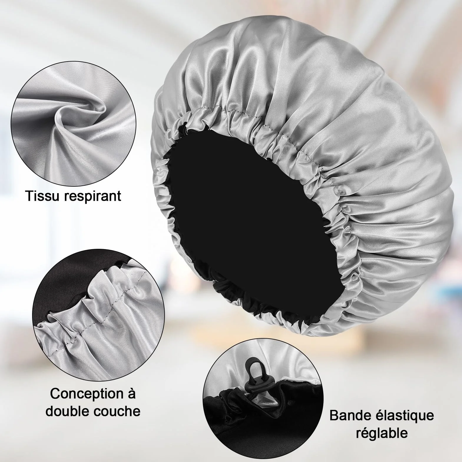 Bonnet en Satin pour Cheveux Nuit Homme Femme Respirant Ajustable Élastique Antidérapant, Bleu + Argent/Noir + Gris