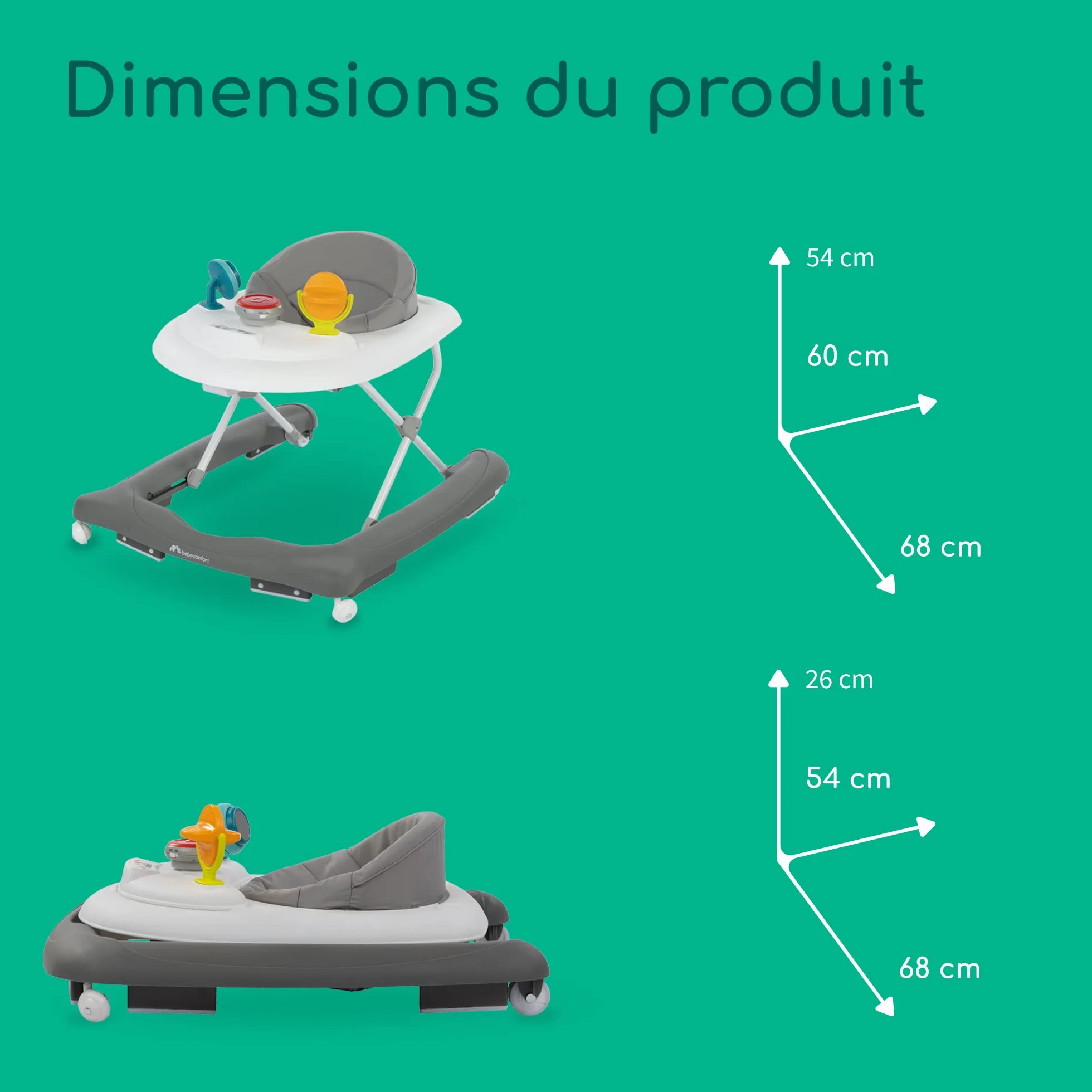 Bebeconfort Explorer Trotteur bébé pliable avec plateau d'activités musical, 6-18 mois, 12 kg, Gray Mist