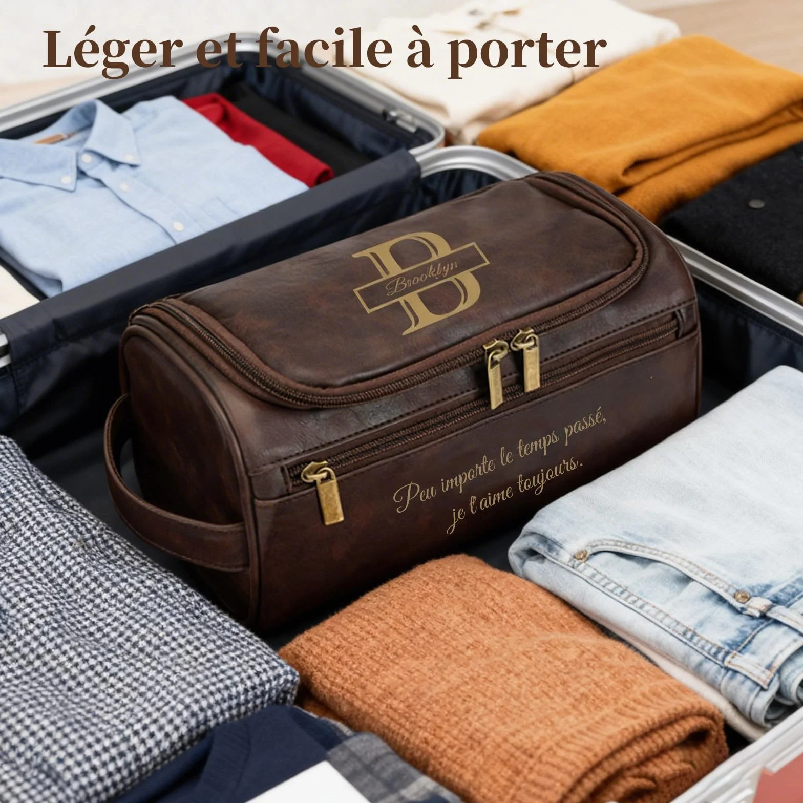 Trousse de Toilette Homme Personnalisée Gravée avec Nom ou Initiales, Cadeau Mariage Fête des Pères Saint-Valentin (Châtain foncé)