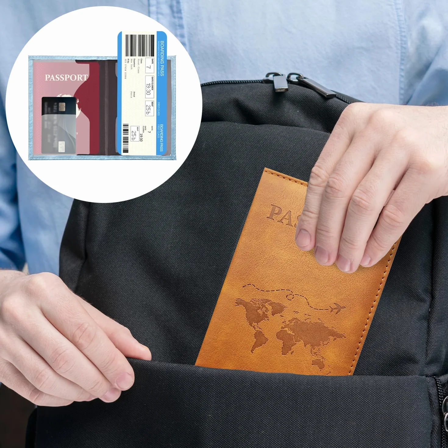 Porte-passeports en cuir PU lot de 2, portefeuille de voyage pour passeport, cartes, marron et bleu clair