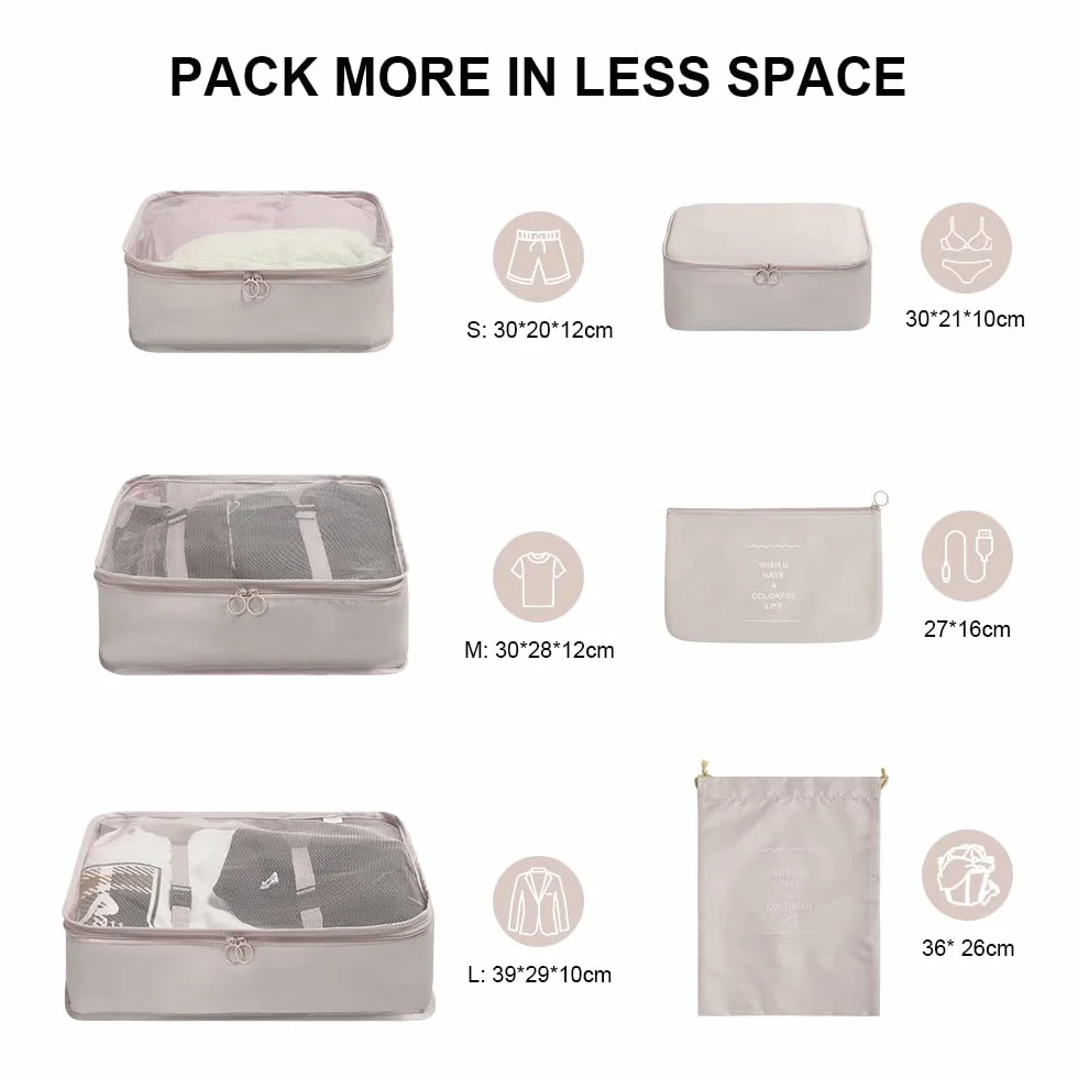 Organisateur de Voyage Lot de 6 Cubes Étanches Rangement Beige