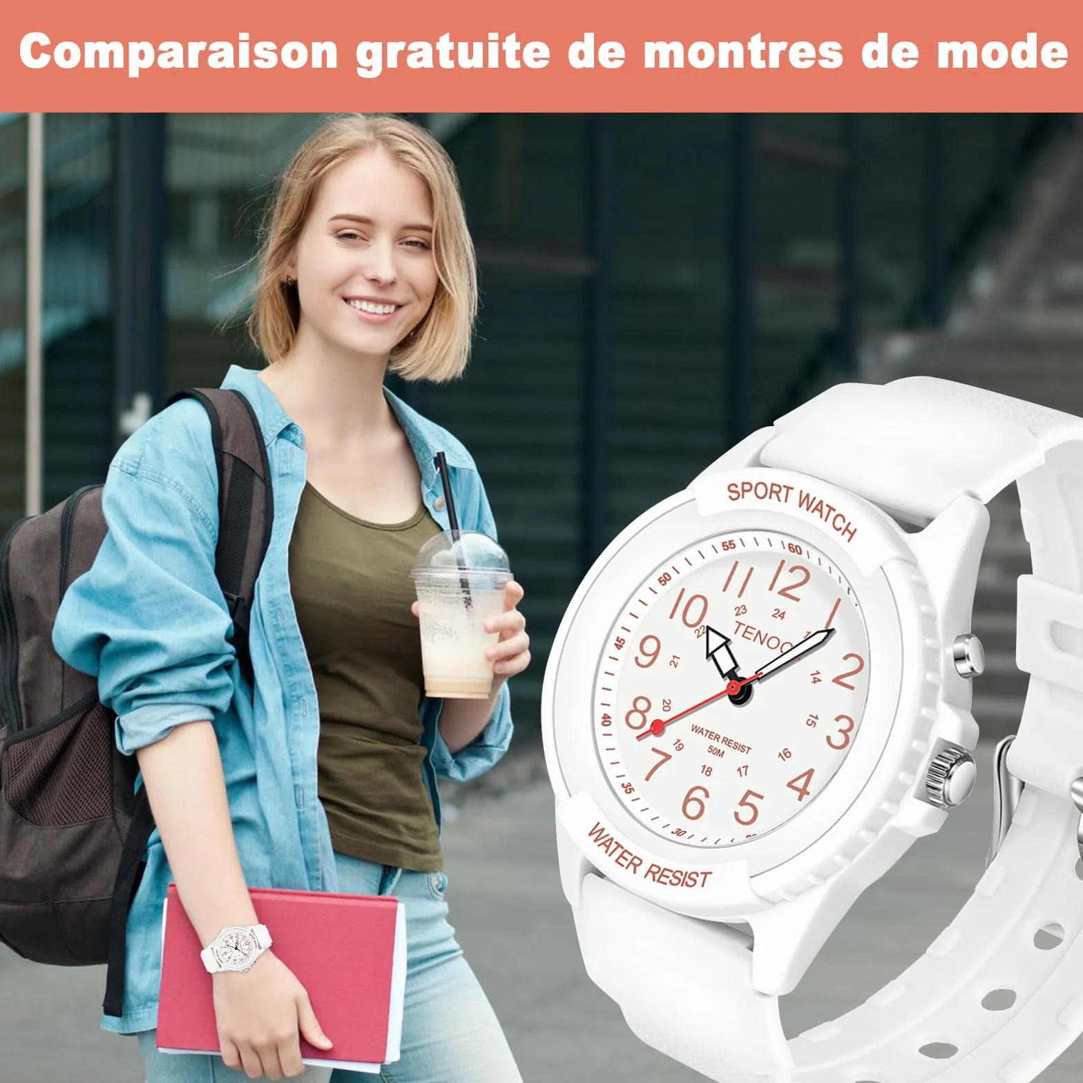 Montre de Sport Femmes Hommes Analogique Quartz Étanche 50M Veilleuse